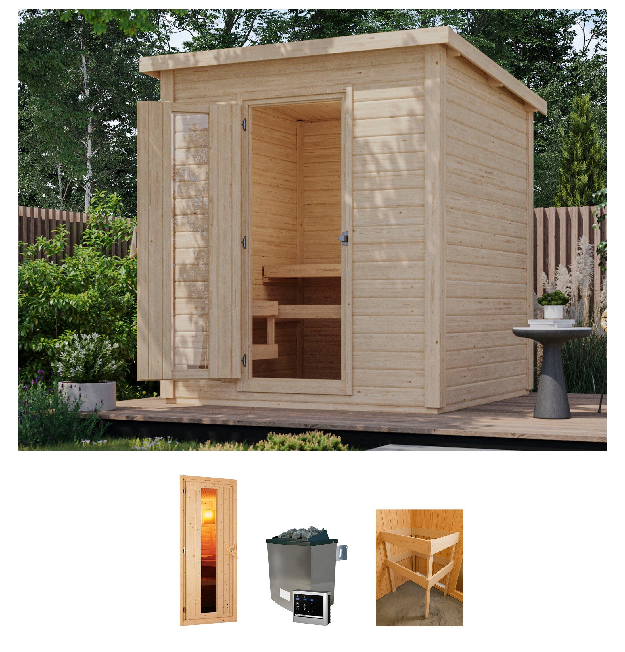 Karibu Saunahaus Talo 2, BxTxH: 213 x 212 x 228 cm, 38 mm, (Set) Ofen 9 KW externe Strg easy