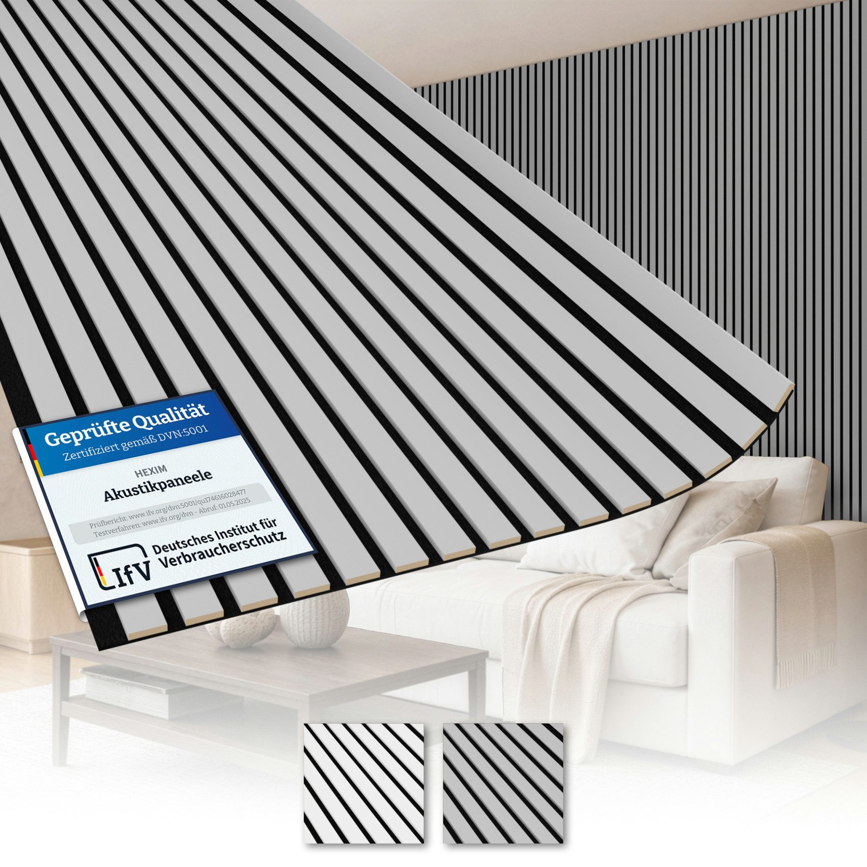 AKUSTIKO Wanddekoobjekt (Lamella Akustikpaneele 4 Stück 280x60cm - flexible Filz MDF Wandpaneele fugenlos - überlappende Holz Lamellenwand modern braun - Akustik Wandverkleidung von HEXIM (6.72m² Smooth Grey)