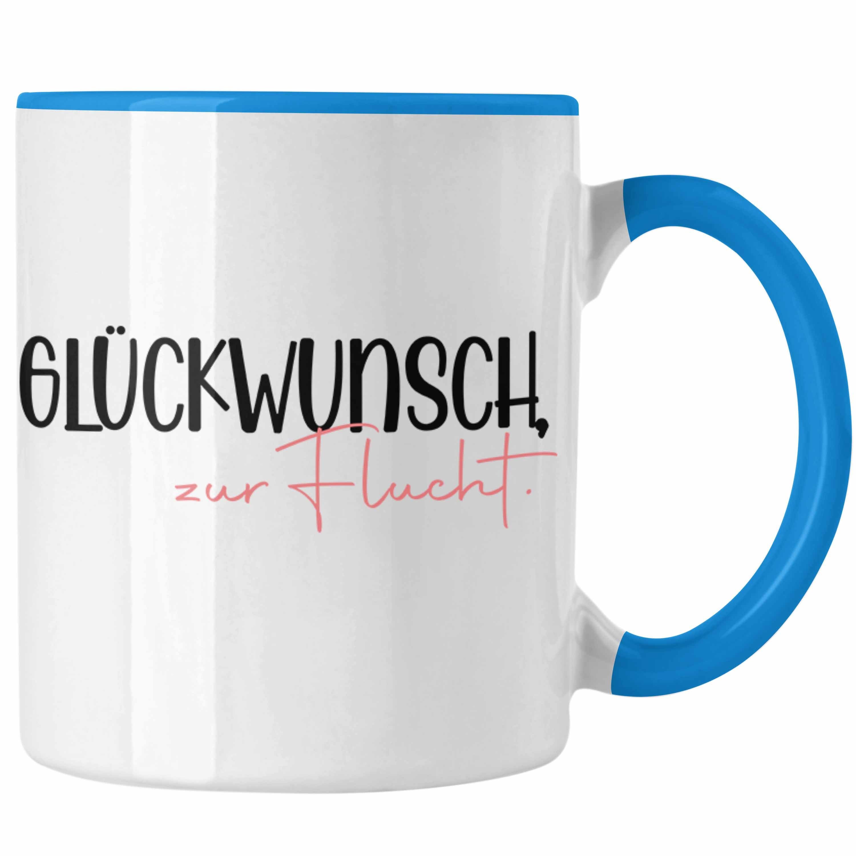 Trendation Tasse Trendation - Jobwechsel Tasse Geschenk Kollegin Kollege Lustig Abschiedsgeschenk Spruch Glückwunsch Zur Flucht Abschied blau