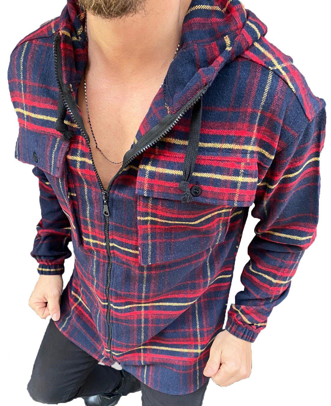 Megaman Jeans Flanellhemd Megman Herren Hemd Baumwolle mit Kapuze