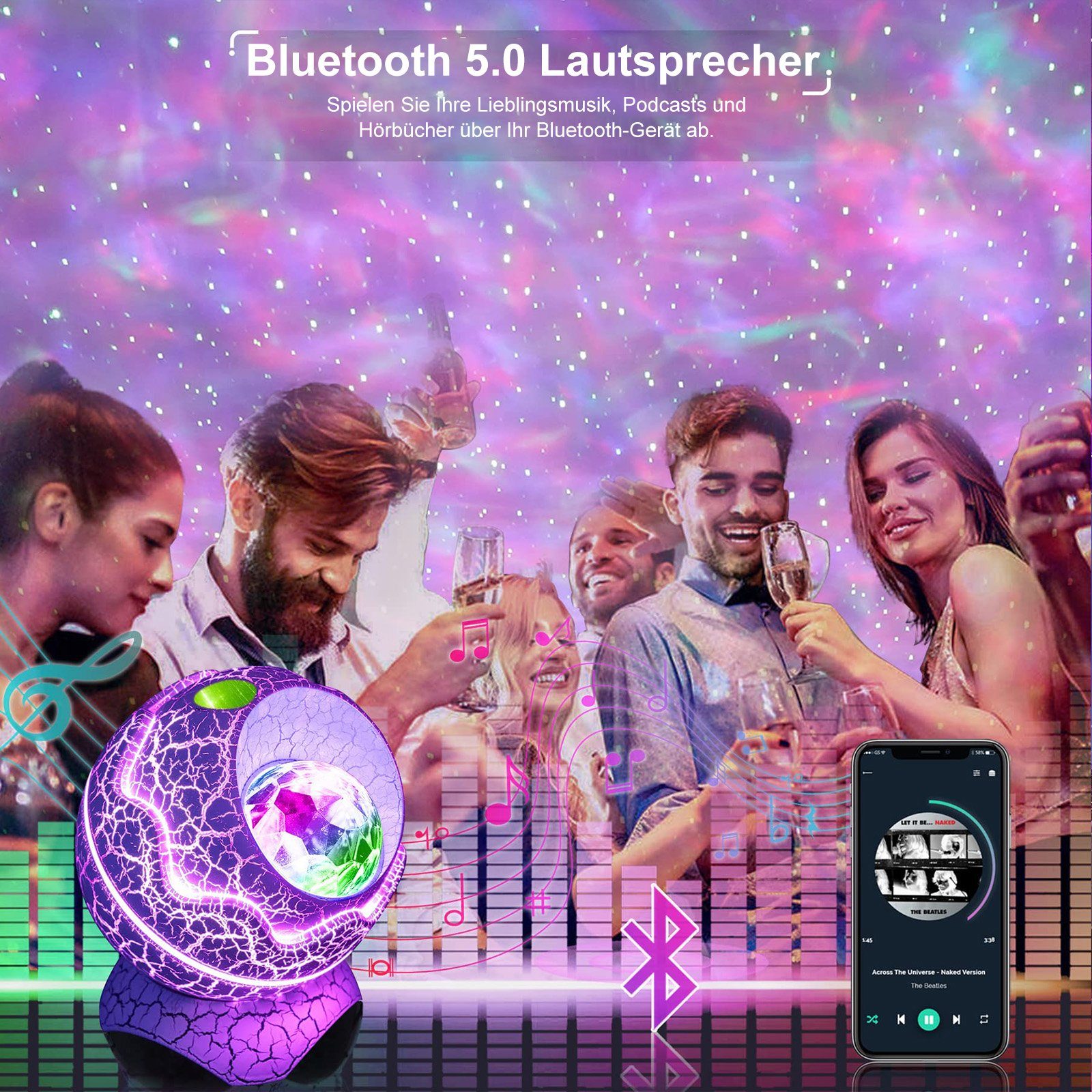 Rosnek LED Nachtlicht 14 Farben, Farbwechsler, Fernbedienung Mikrofon, Rauschen, Bunt Ohne Party Deko, für weißes Bluetooth-Lautsprecher, Wohnzimmer Kinderzimmer