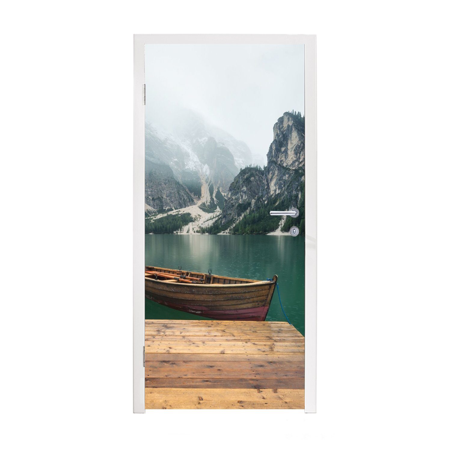 MuchoWow Türtapete Nebel - Schnee - Berg - Boot, Matt, bedruckt, (1 St), Fototapete für Tür, Türaufkleber, 75x205 cm