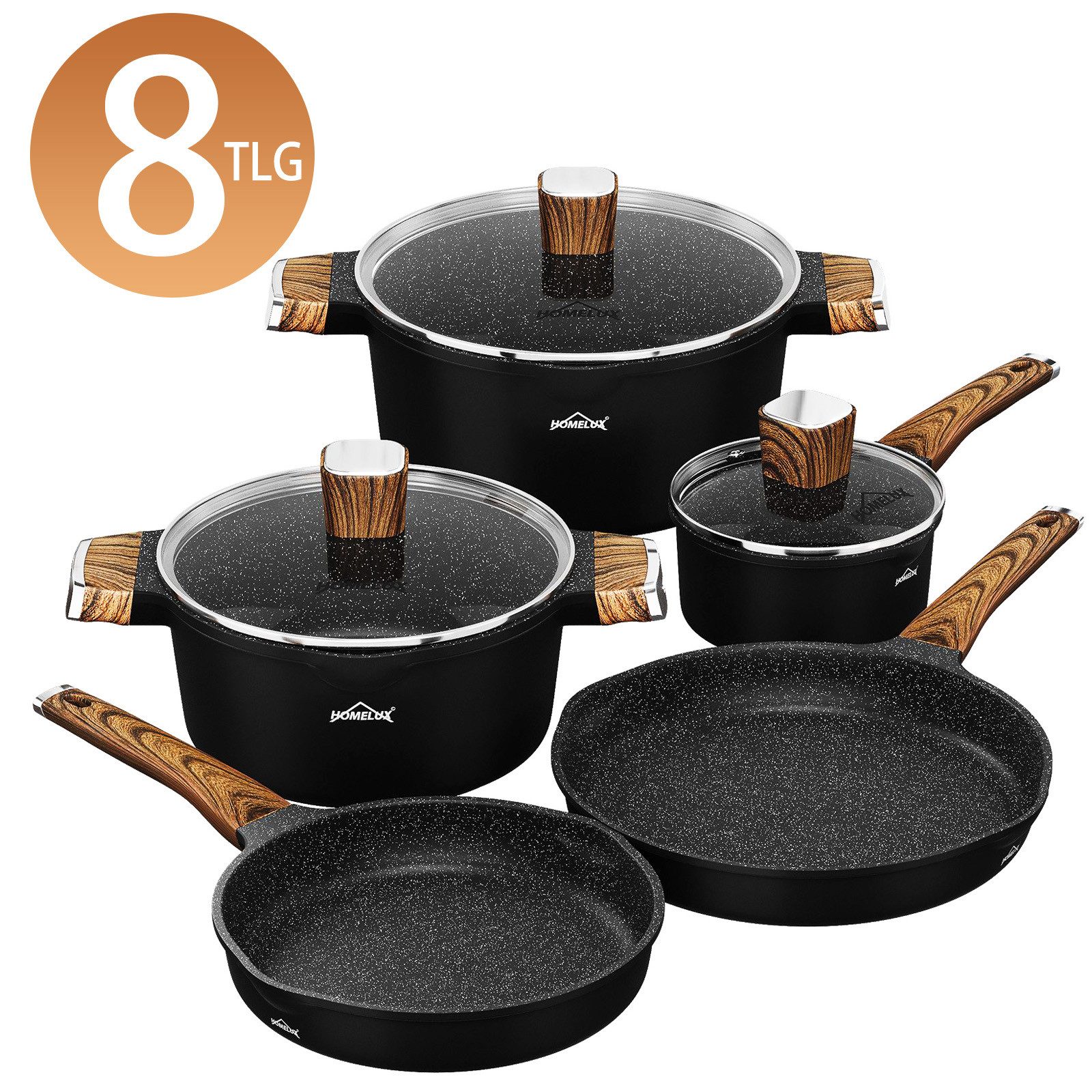 HOMELUX Topf-Set Induktions Töpfe Set mit Antihaftbeschichtung,Holzmaserung, Aluminiumguss, Aluminium (Set, 8-tlg., 24/28cm Pfanne,16cm Milchtopf mit Deckel,24/28cm Kochtopf mit Deckel), für alle Herdarten,Spülmaschinengeeignet