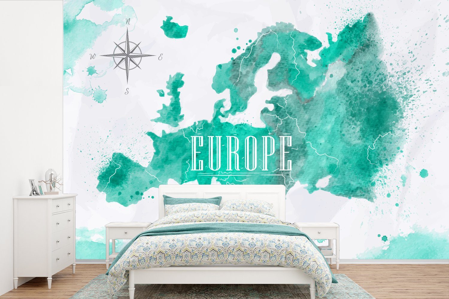 MuchoWow Fototapete Aquarell - Weltkarte - Europa, Matt, bedruckt, (6 St), Wallpaper für Wohnzimmer, Schlafzimmer, Kinderzimmer, Vinyl Tapete | Fototapeten