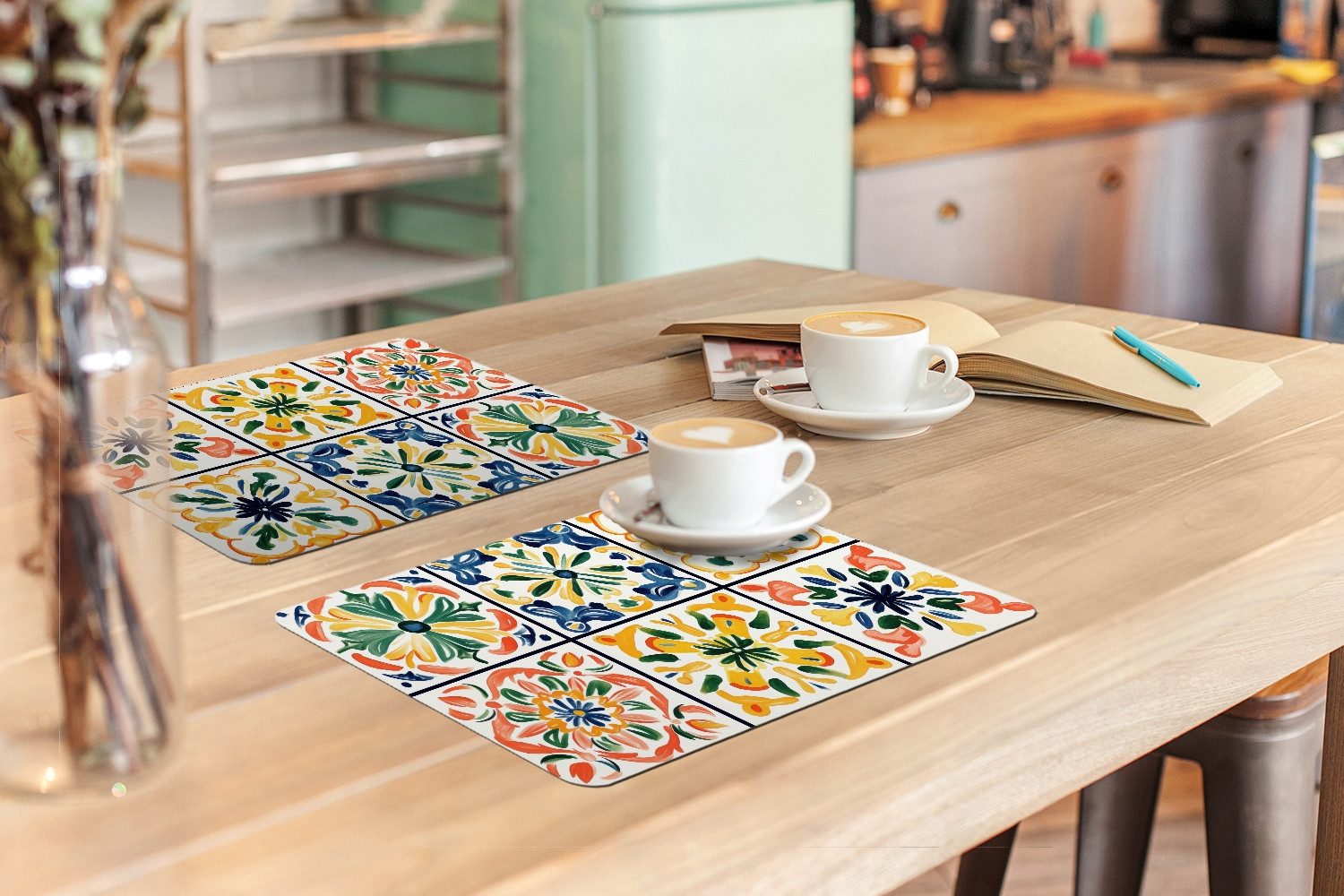 MuchoWow Platzset Spanisch - Kacheln - Keramik - Blumen, (6-St), Platzsets, Tischset, Abwaschbar, Tischsets, Platzdeckchen