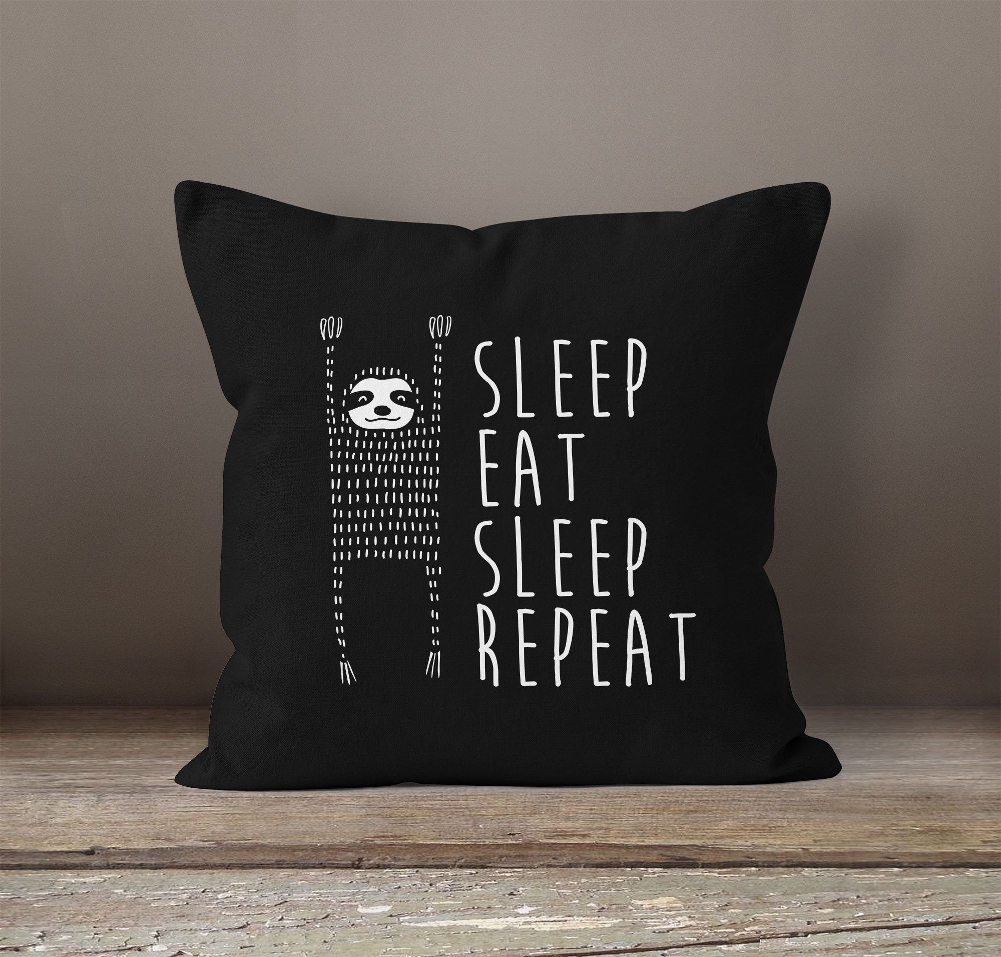 Repeat eat Dekokissen schwarz Moonworks® Baumwolle Kissenbezug 40x40 Sleep Sleep MoonWorks Faultier lustiger