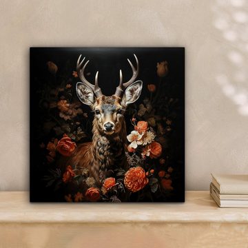 OneMillionCanvasses® Leinwandbild Hirsch - Tier - Blumen - Natur - Botanisch, (1 St), Leinwand Bilder für Wohnzimmer Schlafzimmer, 20x20 cm