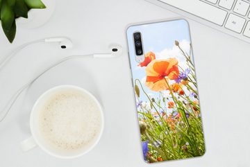 MuchoWow Handyhülle Blumen - Mohn - Frühling - Natur - Rot - Blau, Phone Case, Handyhülle Samsung Galaxy A70, Silikon, Schutzhülle