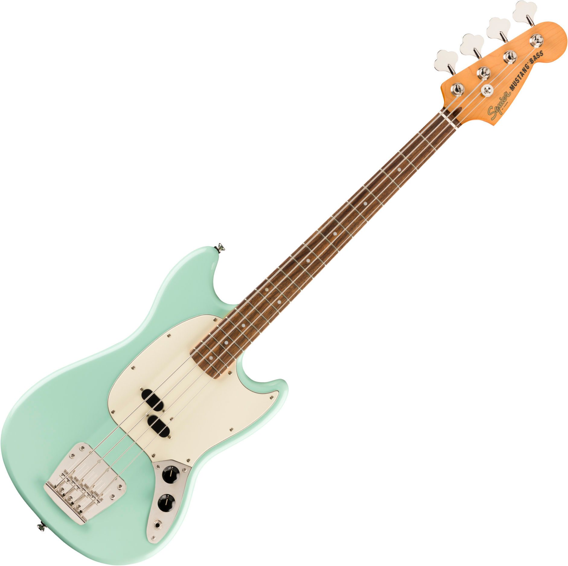Squier E-Bass Classic Vibe '60s Mustang Bass Surf Green, Mustang Bass, Passiver Shortscale 4-Saiter Bass mit Lorbeer-Griffbrett