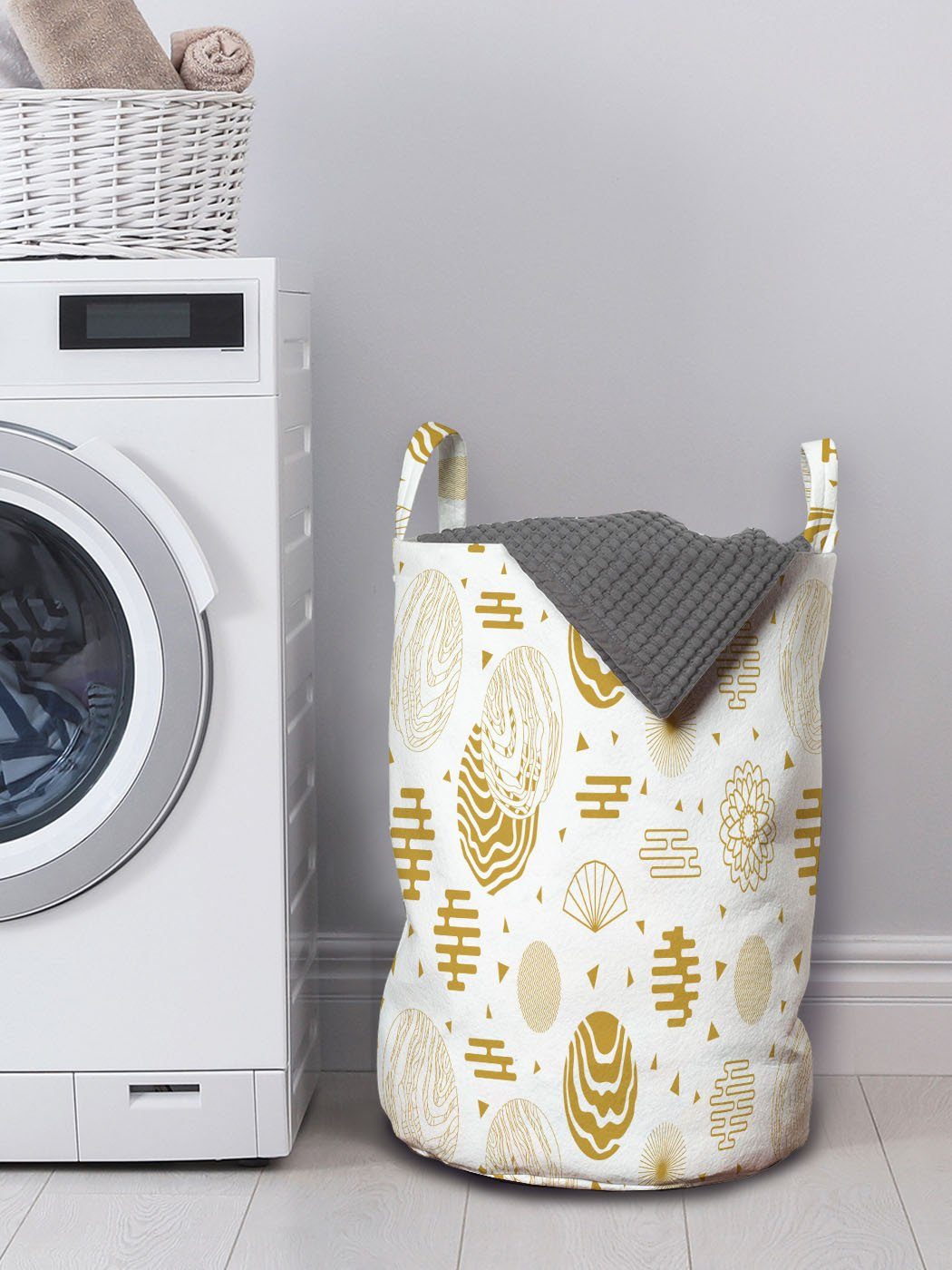 Abakuhaus Wäschesäckchen Wäschekorb mit Griffen Motive Waschsalons, Geometrisch Monochrome Shapes Kordelzugverschluss für