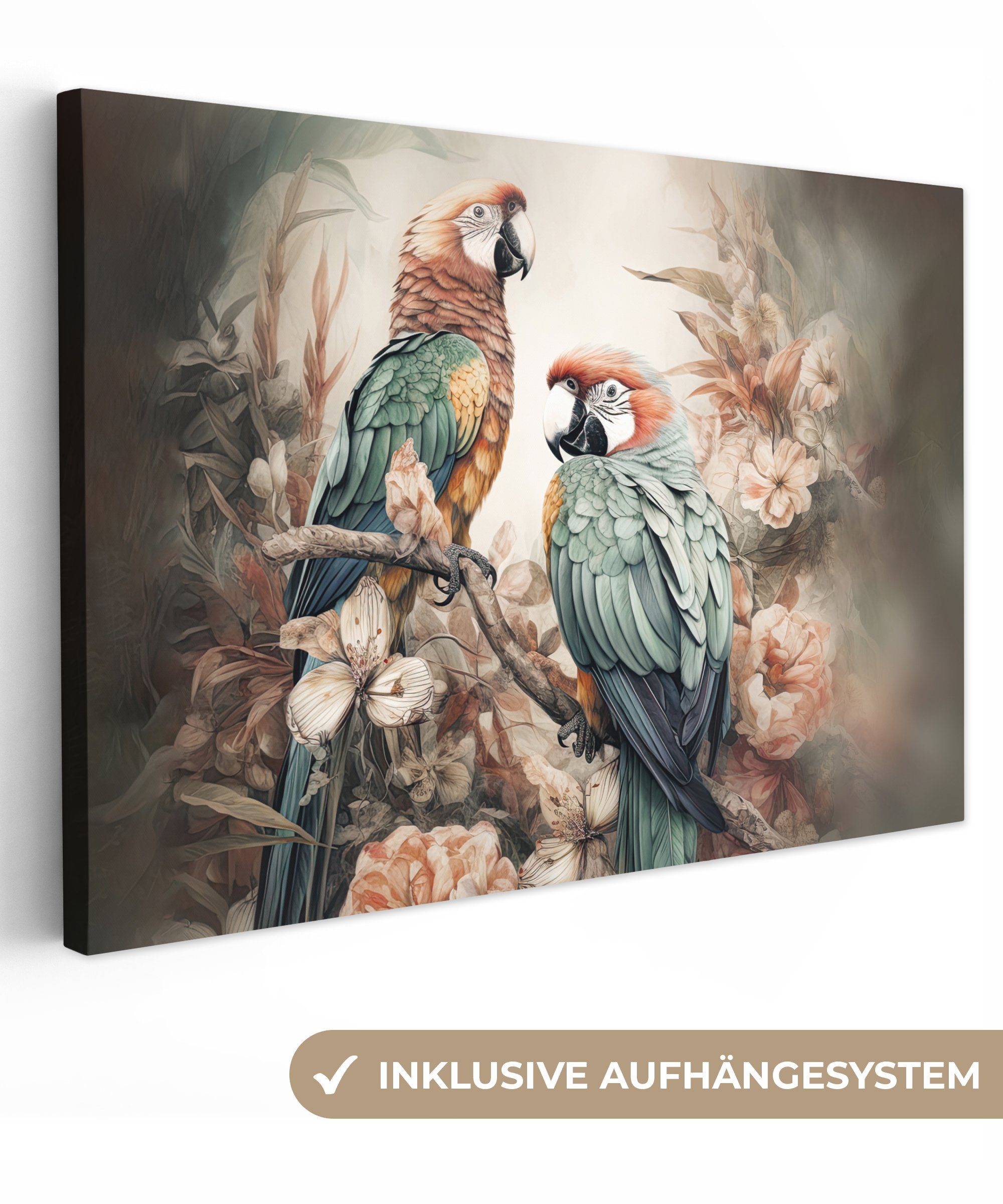 OneMillionCanvasses® Leinwandbild Papageien - Vögel - Natur - Blumen, Fotod günstig online kaufen