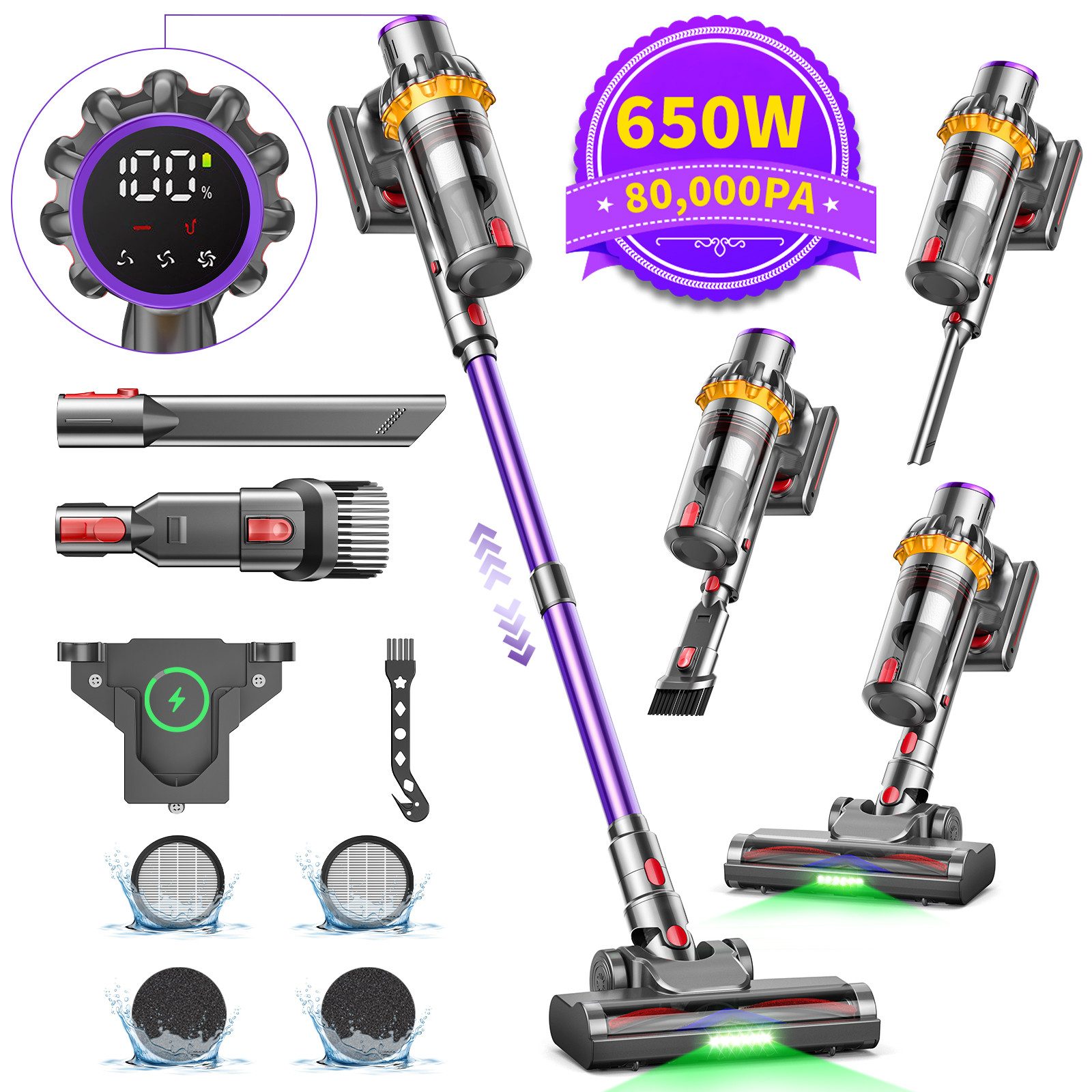 FOSMET Akku-Hand-und Стальной пылесос Akku Staubsauger 80000Pa/650W/75mins Kabelloser Stabstaubsauger, 650 W, 1.8L Akkusauger Super Leise,Elektrische Sauger Anti-Tangle-Bürste, Stabstaubsauger für Hartböden Teppiche Tierhaare