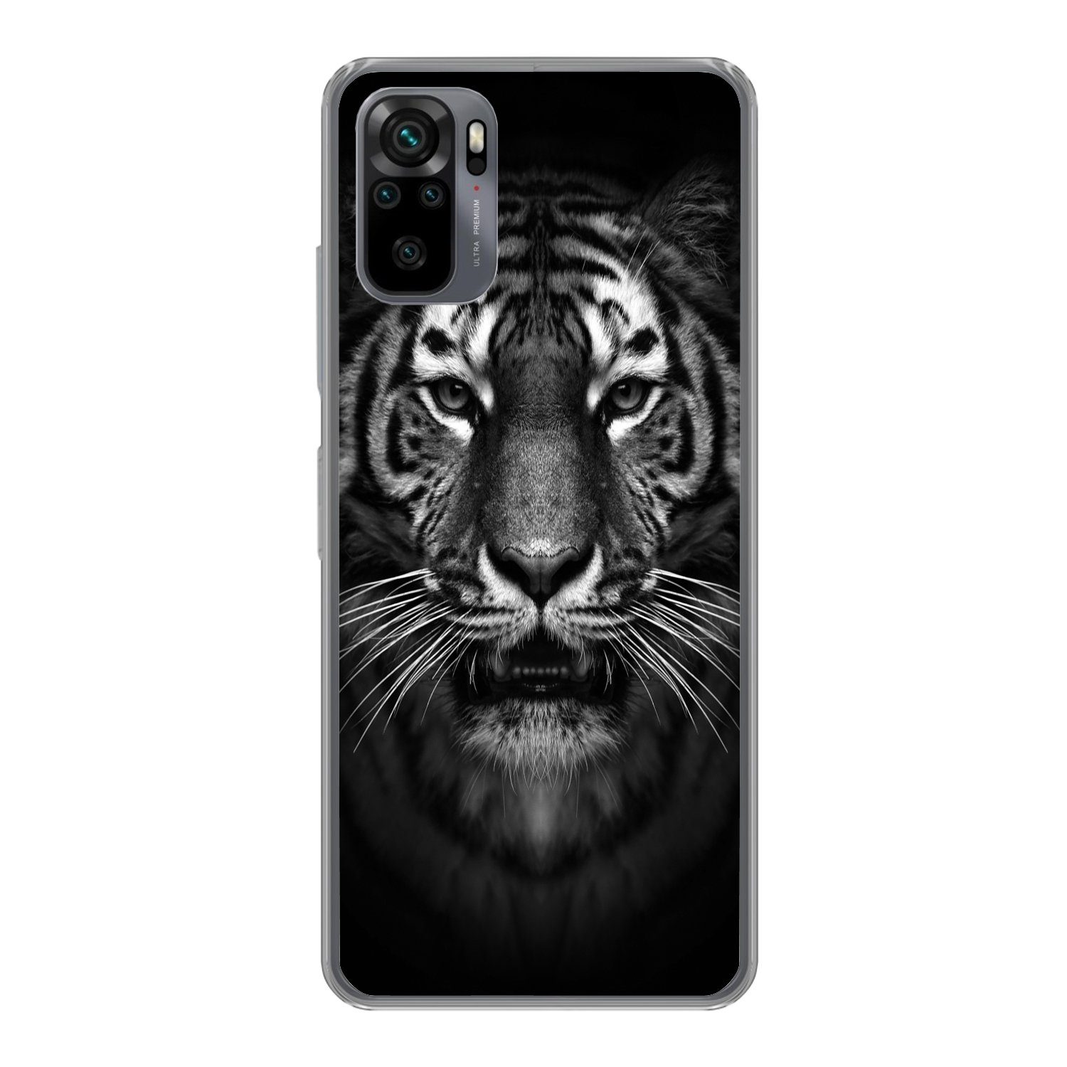 MuchoWow Handyhülle für Xiaomi Redmi Note 10S Tiger - Tiere - Schwarz - Weiß - Porträt - W, Phone Case, Silikon, Schutzhülle Dünn