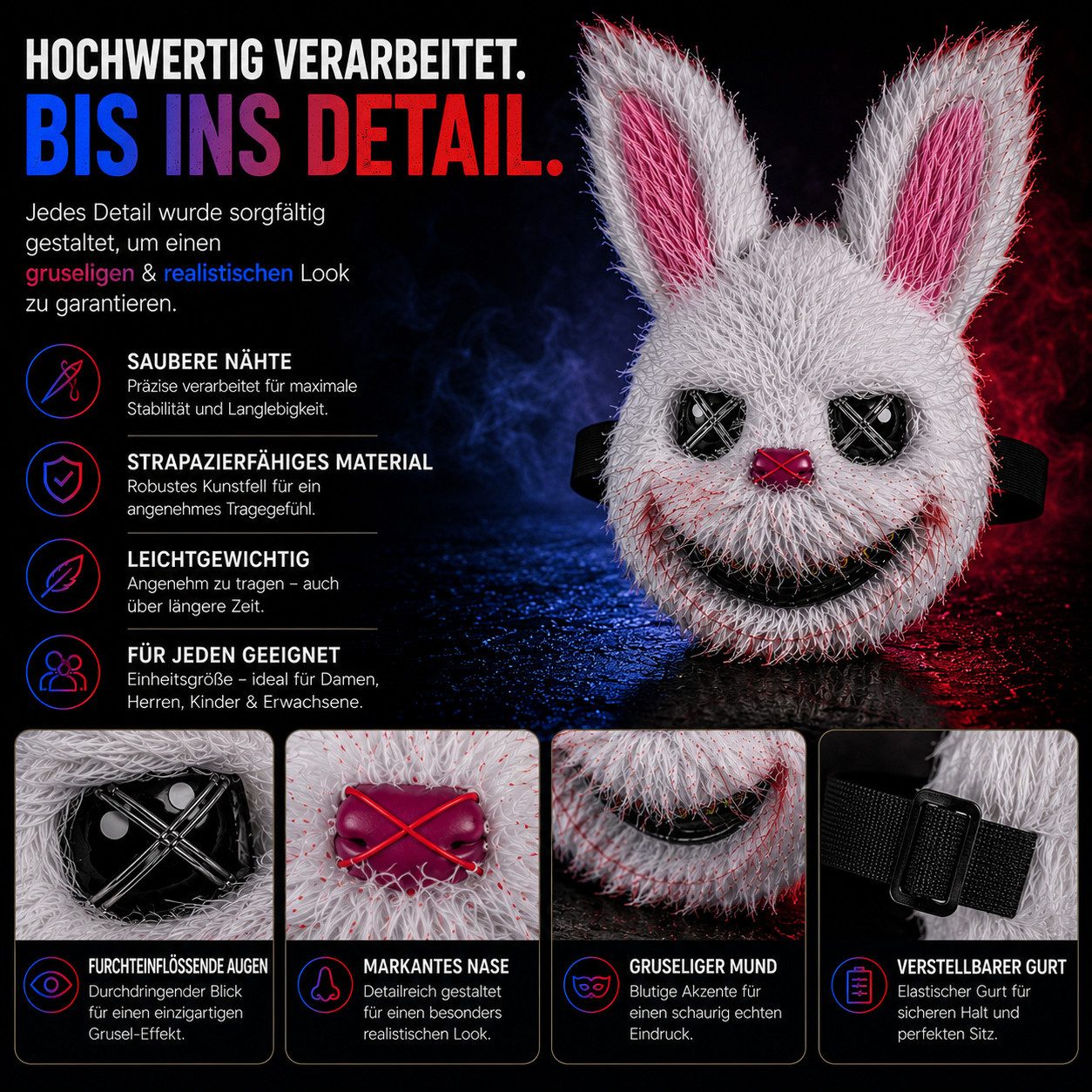 TK Gruppe Verkleidungsmaske Grusel Hase Maske – Horror Bunny Kostüm Accessoire, (Packung, 1-tlg)