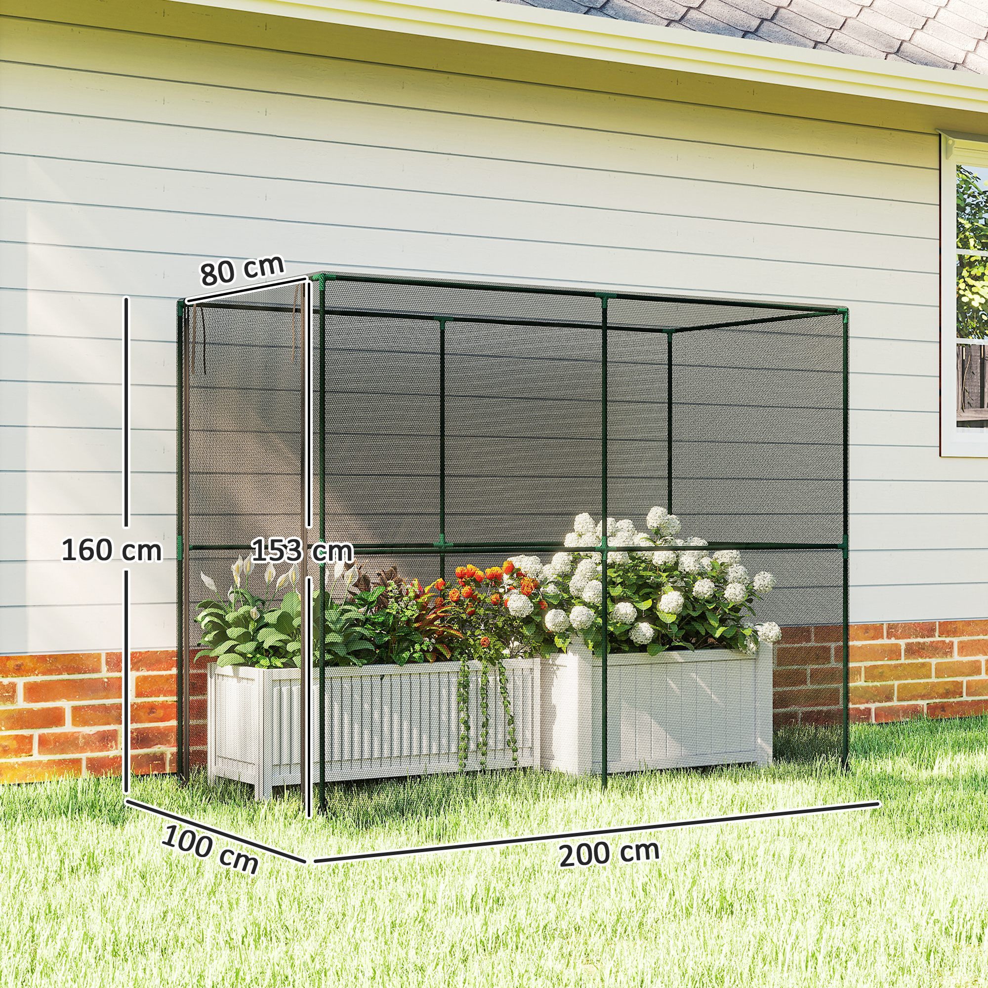Outsunny Schädlingsschutznetz mit Stahlrahmen Reißverschlusstür (Pflanzenschutznetz, 1 St., Insektenschutznetz), für Gemüse, Obst, Blumen, Pflanzen Schwarz