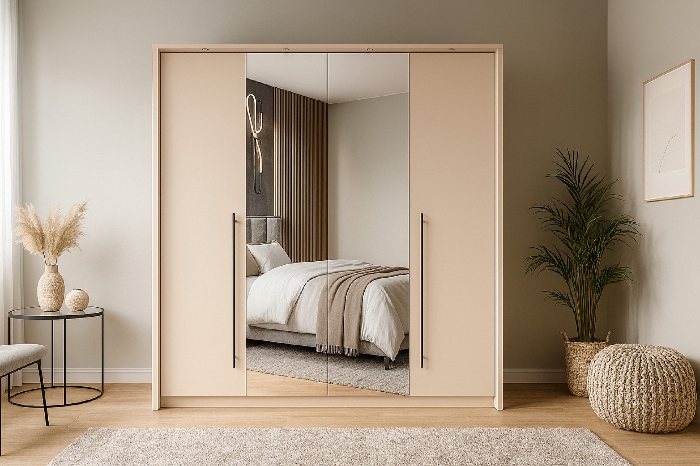Deine Möbel 24 Kleiderschrank SAVA Falttürenschrank 210 cm breit mit Spiegel (Set, 4-St., 4-türig Sandbeige Beige) mit LED Beleuchtung ideal für Schlafzimmer Flur