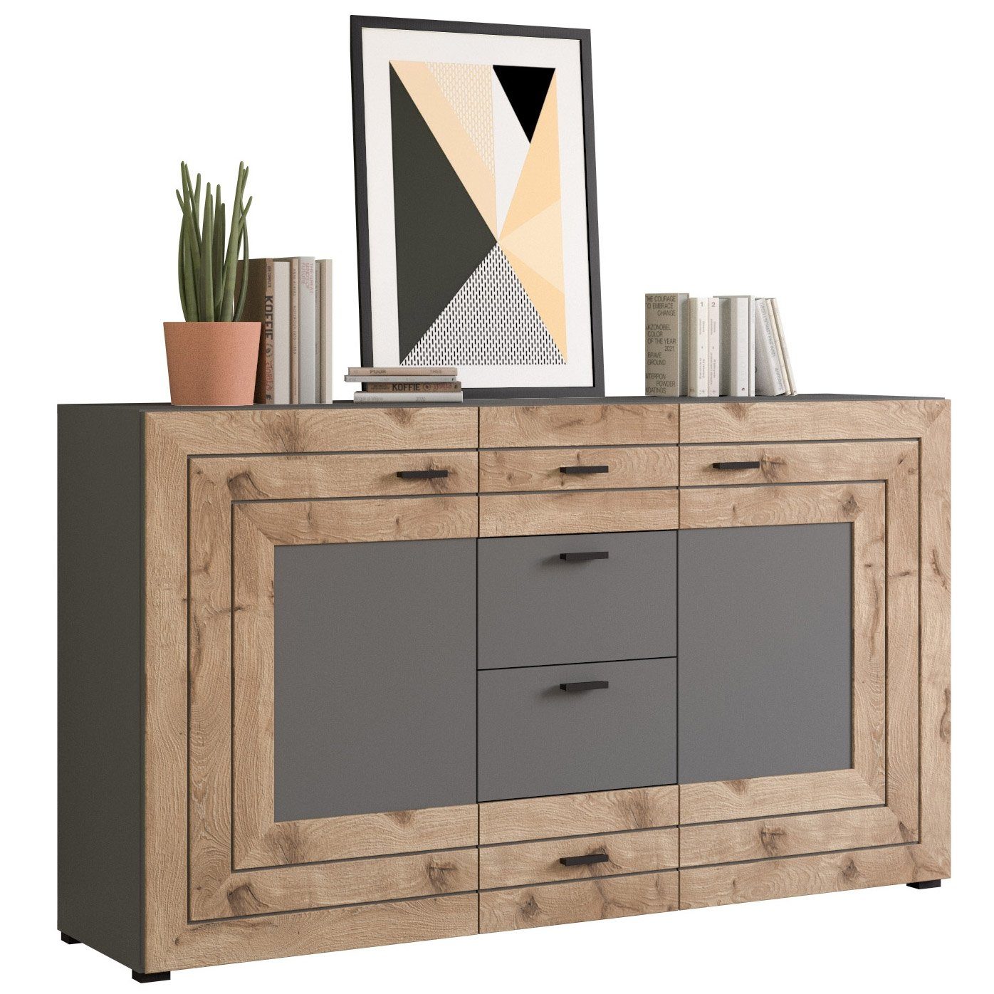 Newroom Sideboard Grau 160 cm, Sideboard Grau Eiche Modern Kommode Highboard Wohnzimmer