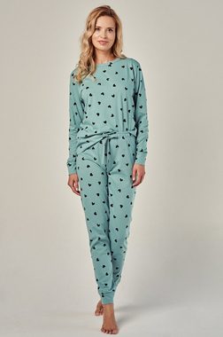 Mademoiselle Sommeil Pyjama Damen Schlafanzug in dunkelgrün mit Herzdruck (2 tlg)