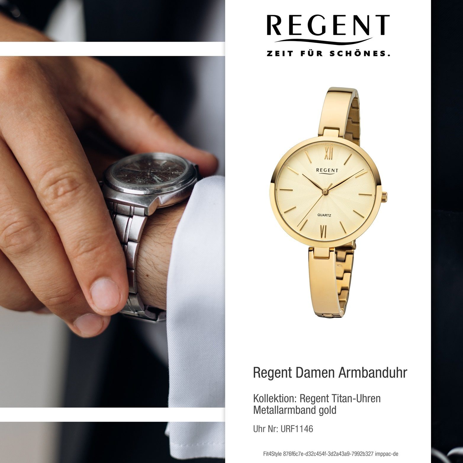 F-1146 Metall Regent Uhr Damenuhr rundes Analoge, 34mm) Gehäuse, mittel Damen Quarzuhr gold, (ca. Metallarmband Regent