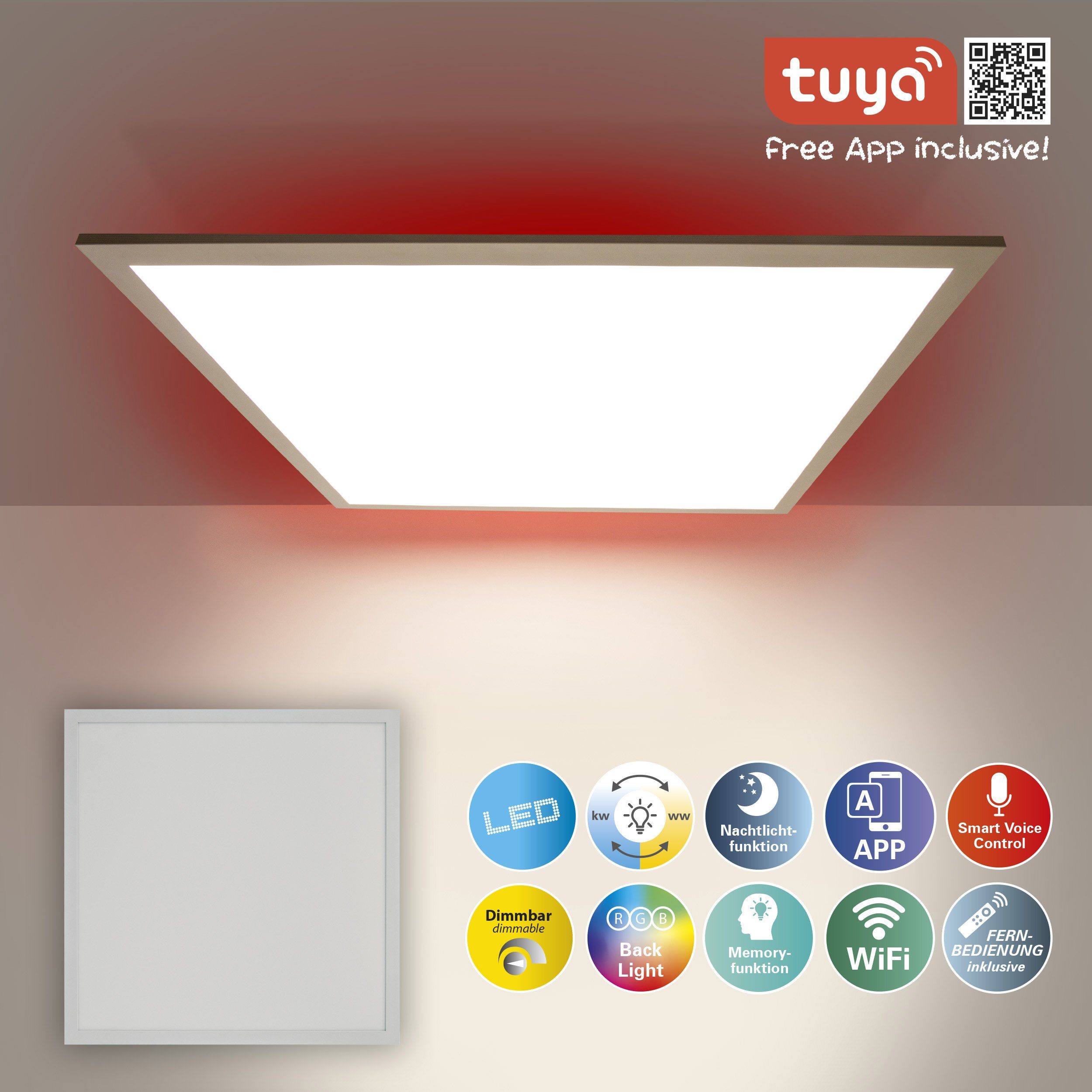 RGB-Stripe; LED-Leuchte CCT; LED LED Hintergrund: Panel, Nachtlicht-/Memoryfunktion; Smarte Farbwechsler, App; Backlight Home Smart Panel Fernb., fest Memoryfunktion, integriert, LED Backlight näve