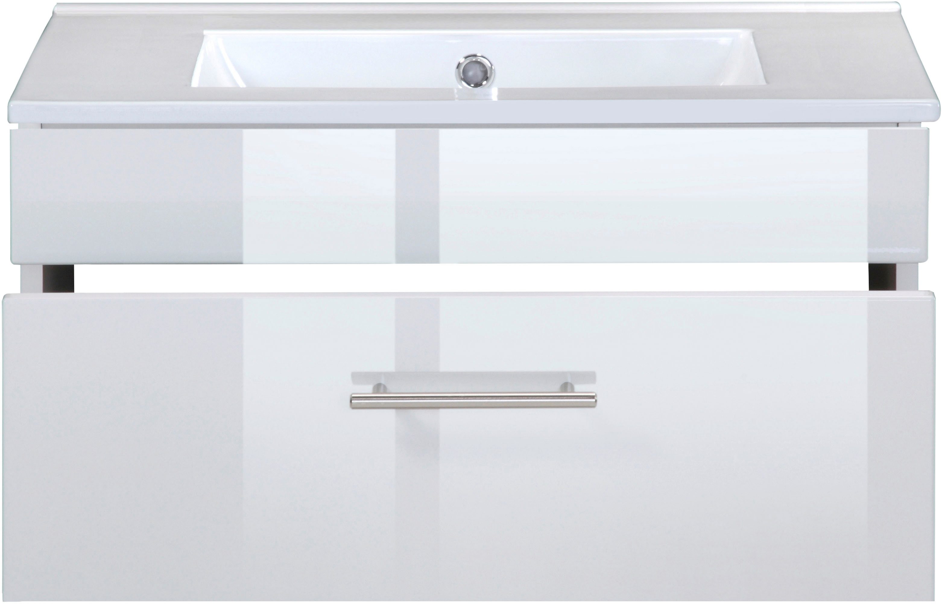 welltime Waschtisch Trento Light mit Keramik-Auflagebecken, 1 feste Blende und 1 Auszug, Breite: 61cm, Weiß Hochglanz – Bild 4 von 5