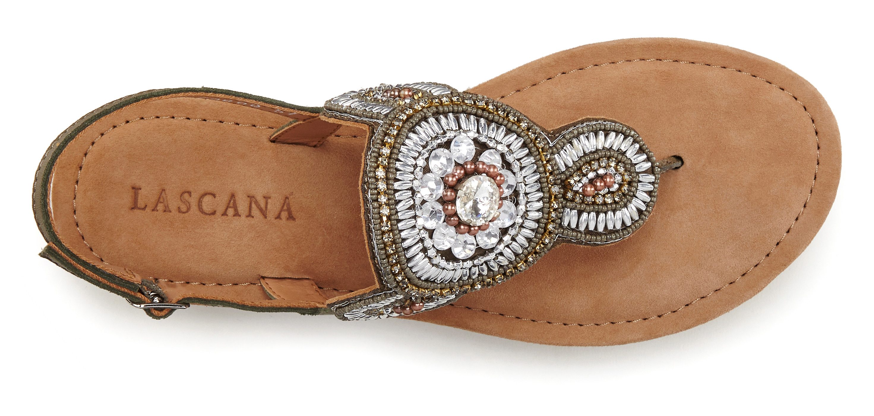 LASCANA Sandalette, Sommerschuh, offener Schuh, Zehentrenner Sandale, Pantolette in Glitzer-Optik und softer Lederinnensohle