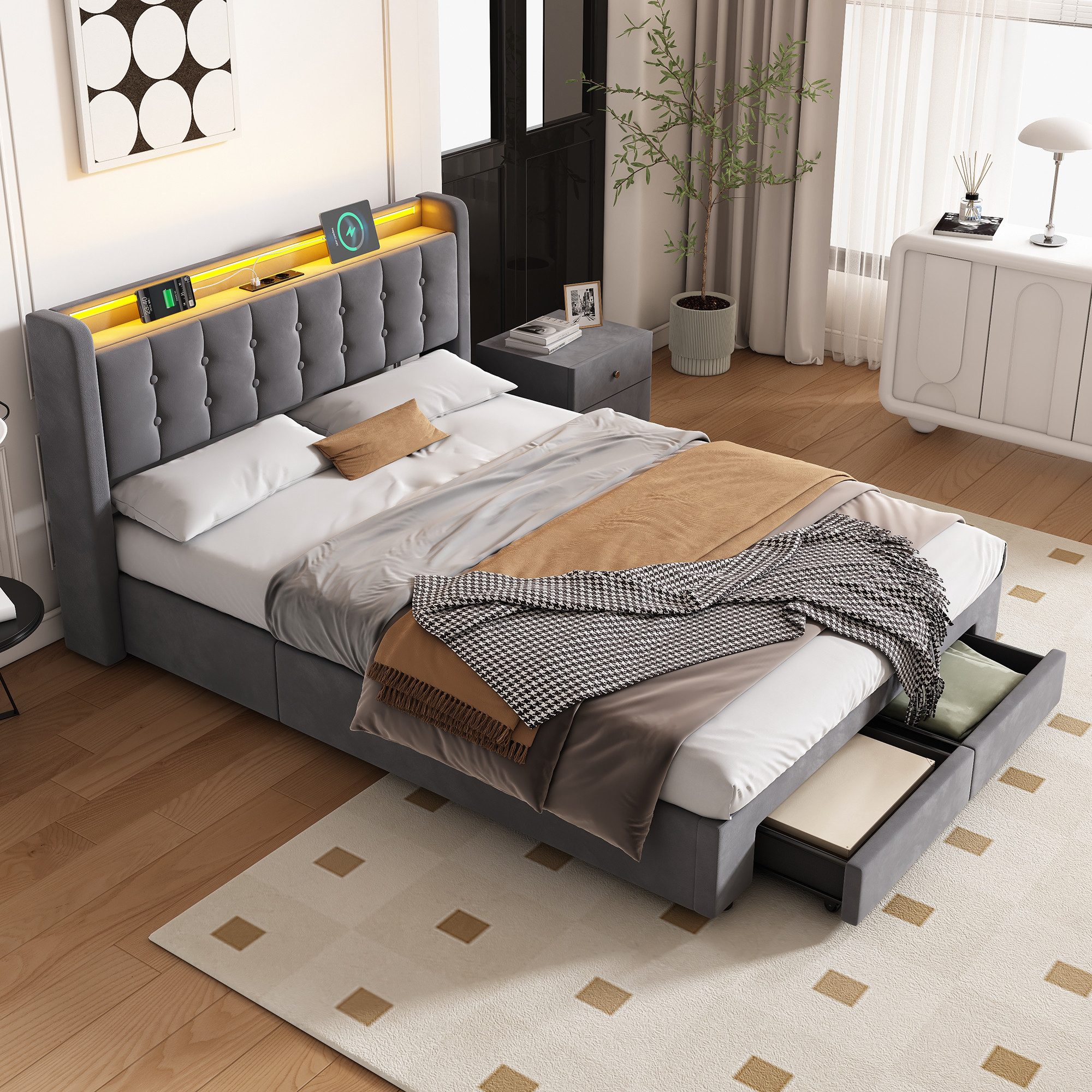 HAUSS SPOLE Polsterbett 140×200 mit bettkasten und Steckdosen Boxspringbett günstig online kaufen