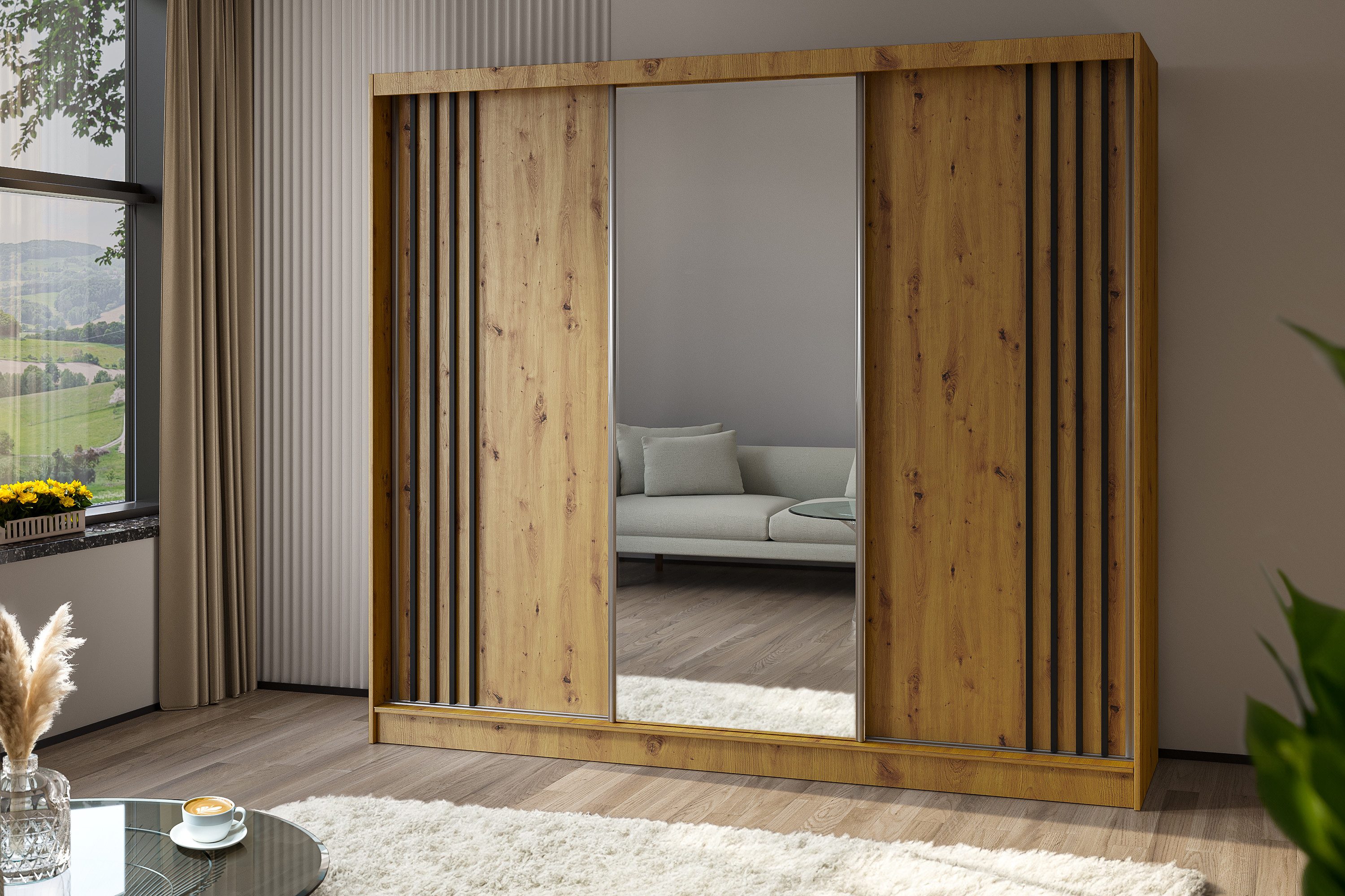 ALTDECOR Schiebetürenschrank NALLA (Kleiderschrank Garderobenschrank mit viel Stauraum, Moderner Schrank) Spiegel Spiegeltüren Lamellen Schwebetürenschrank LED Beleuchtung