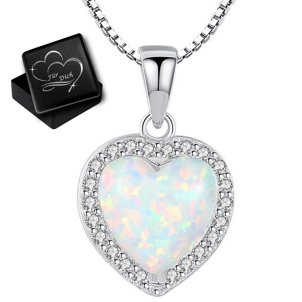 Limana Herzkette 925 Sterling Silber Kette mit Herz Anhänger 40-45cm künstlicher Opal, Liebe Geschenk für Frauen Damen Ehefrau Freundin Idee Liebesgeschenk