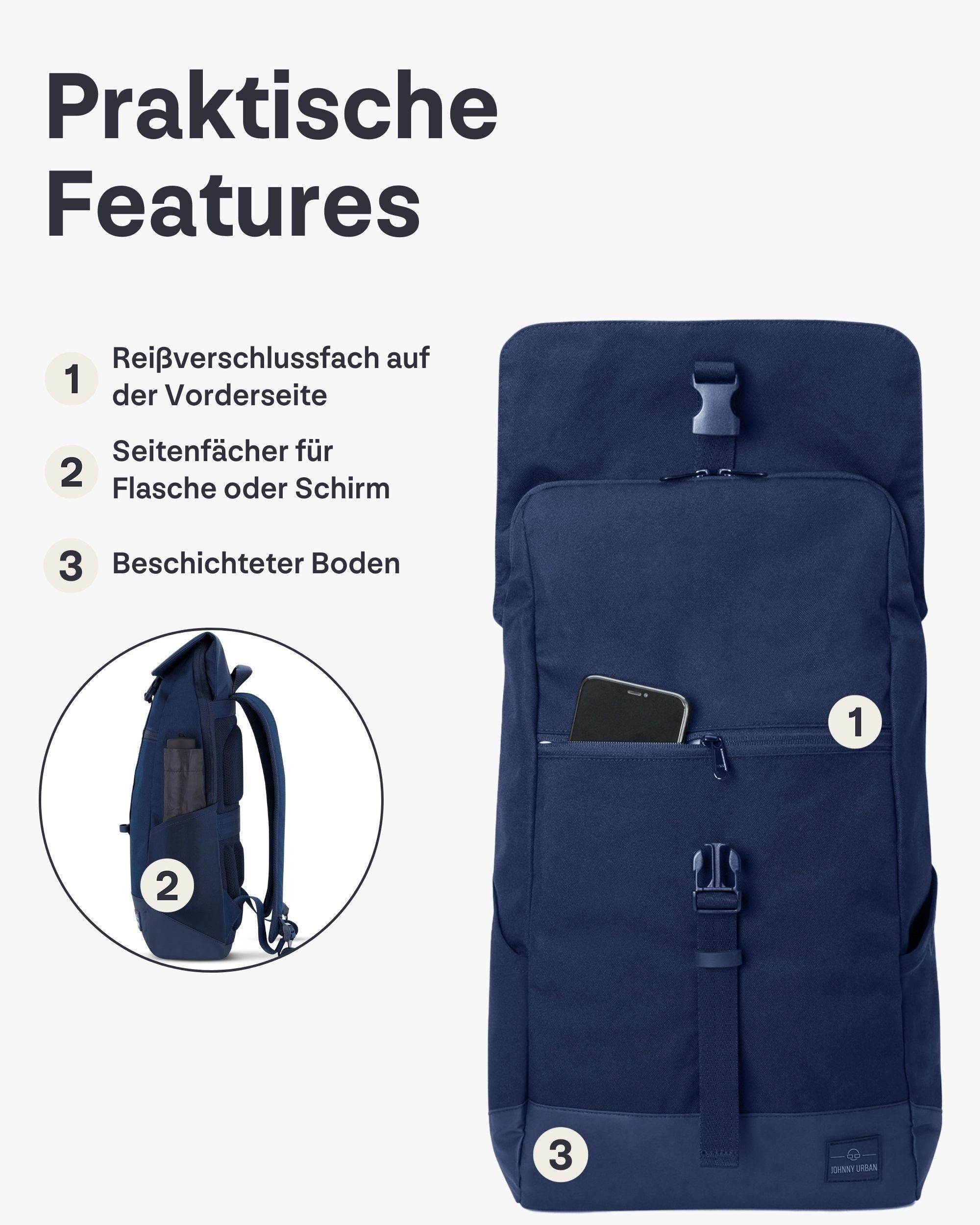 Johnny Urban Cityrucksack MIKA, Rolltop Damen Herren, Laptop Fach (1-tlg), Flexible Größe, Gepolstertes Laptopfach, Wasserabweisend