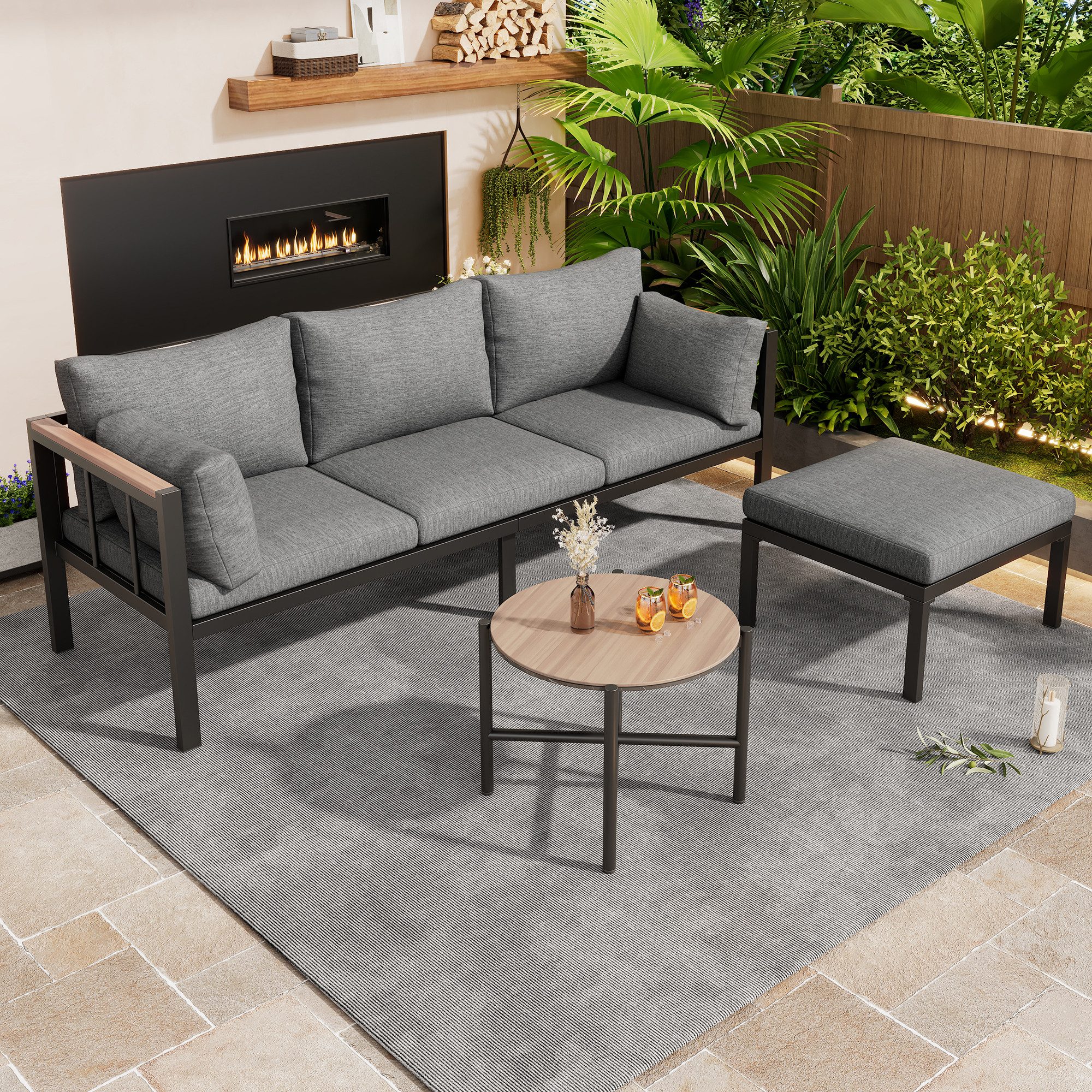 Luckice Gartensofa Gartenmöbel-Set, Eckgarnitur, Sofa + Couchtisch + Fußhocker, verzinktes Stahlrohr, Glastischplatte, geeignet für Gärten, Schwimmbäder und andere Außenbereiche, grau, Sitzgruppe für 4-5 Personen, mit Teetisch