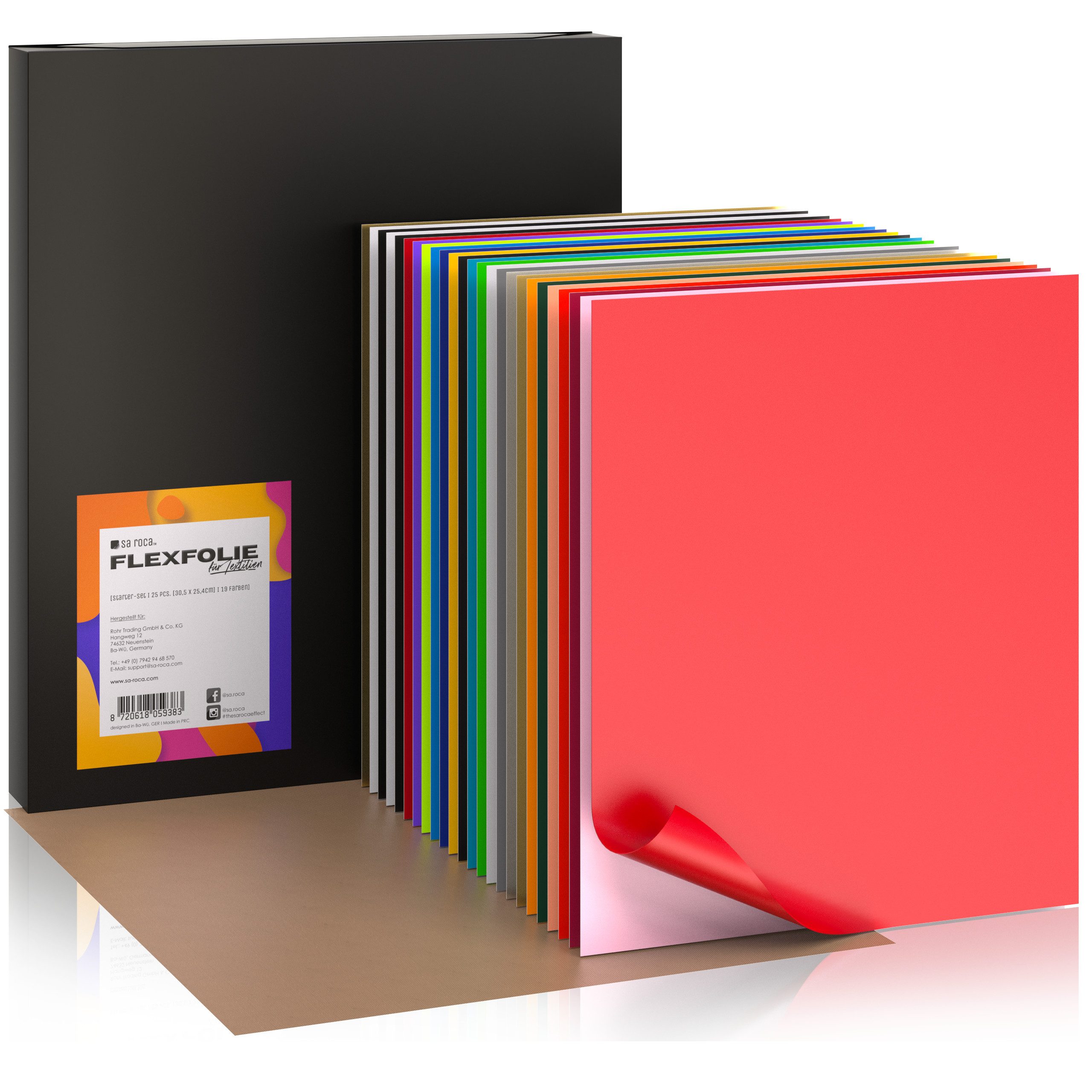 sa roca Dekorationsfolie Textilfolie zum Aufbügeln Plotterfolie Flexfolie Bügelfolie, (25 Textilfolien, 120 Designvorlagen & E-Book), Plotter Starter Set mit 25 Textilfolien, 120 Designvorlagen & E-Book