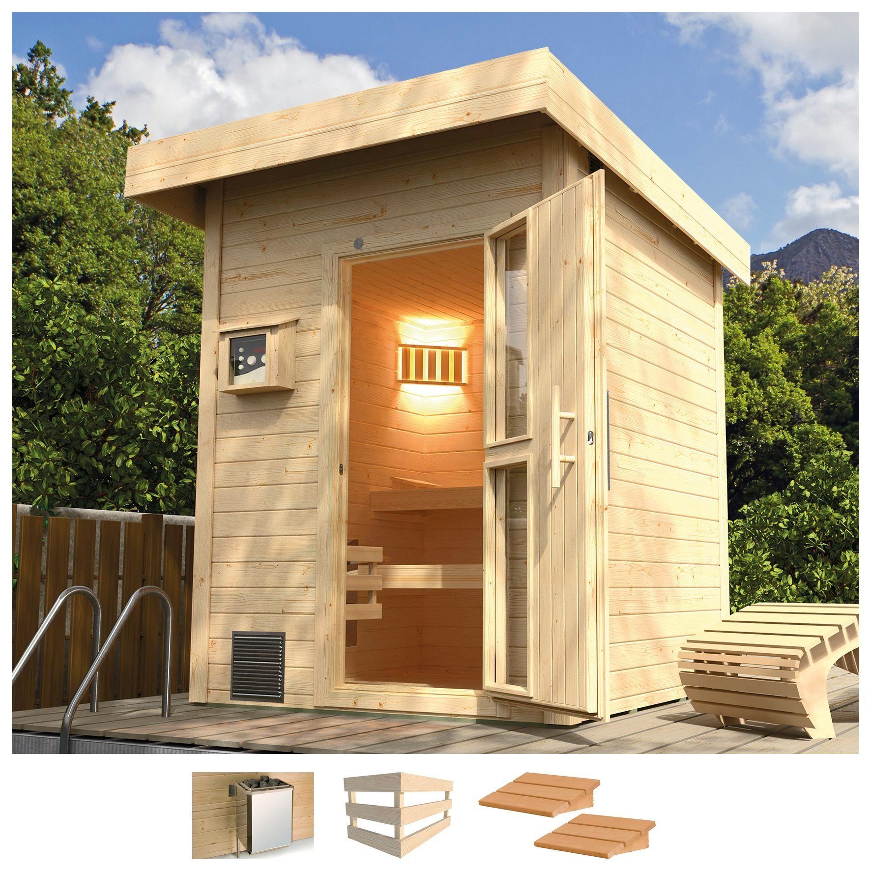 weka Saunahaus »Naantali«, BxTxH: 210 x 249 x 253 cm, 38 mm, 9 kW Ofen mit ext. Steuerung