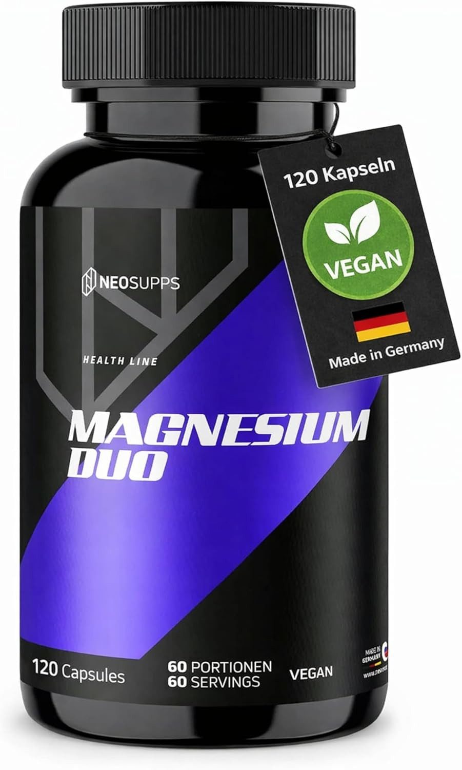 Neosupps Magnesium Duo 120 Kapseln, Bisglycinat Citrat Komplex, Vegan Kapsel, Unterstützt Muskelkontraktion, Nervensystem und Energiestoffwechsel
