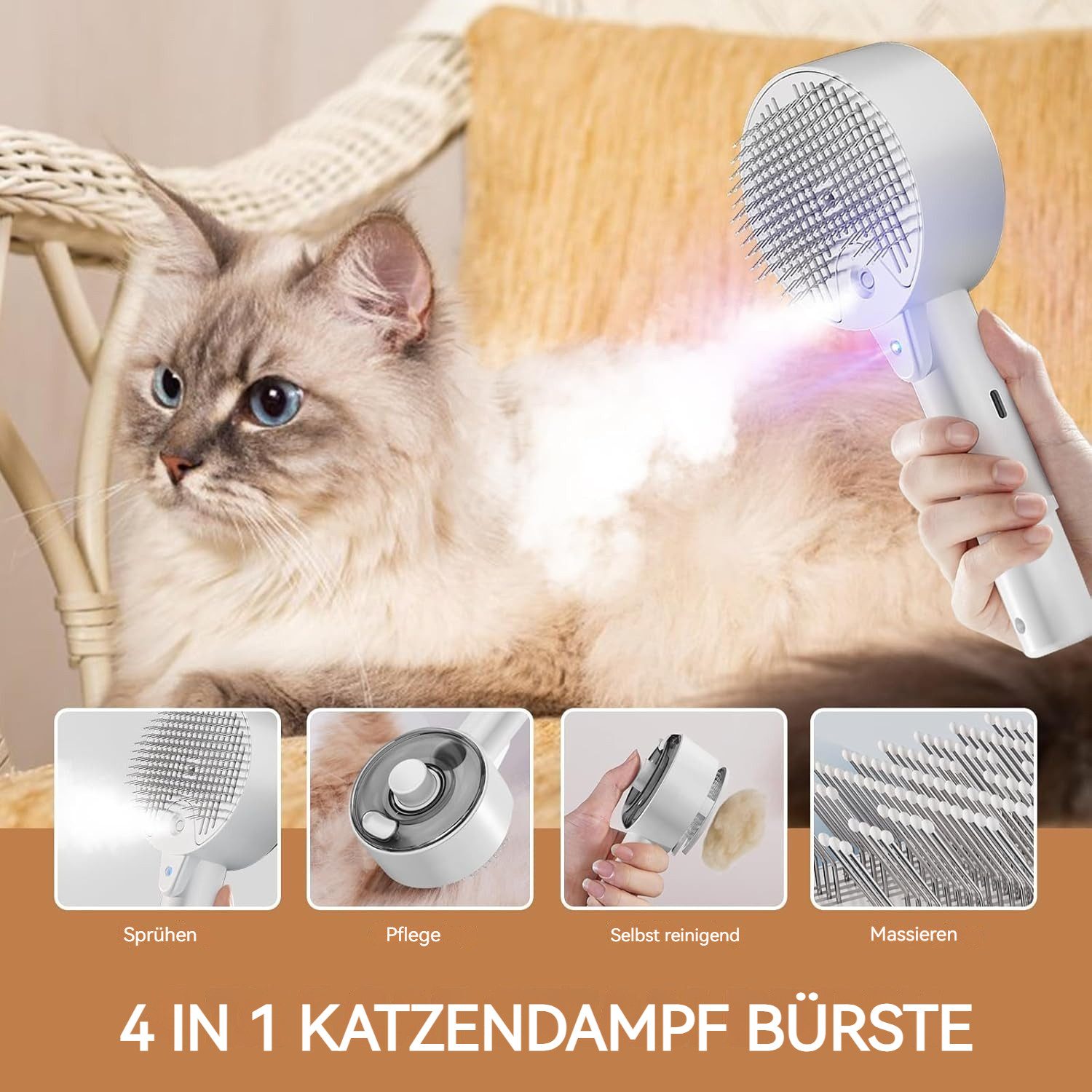 BlingBin Fellbürste Katzenbürste mit Dampf, 4 in 1 Multifunktionale Katzen Bürste, Metall, (1er Set, 1-tlg), Pflege Und Haarentfernung Tierhaarbürste mit UV Licht