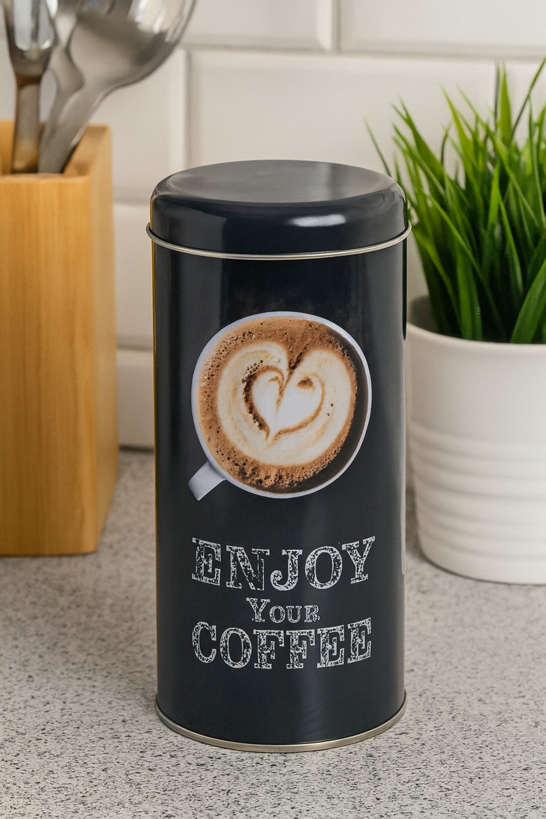 Gravidus Kaffeedose Stylische schwarze Kaffeedose für Pads mit Kaffeetassen-Motiv, Metall