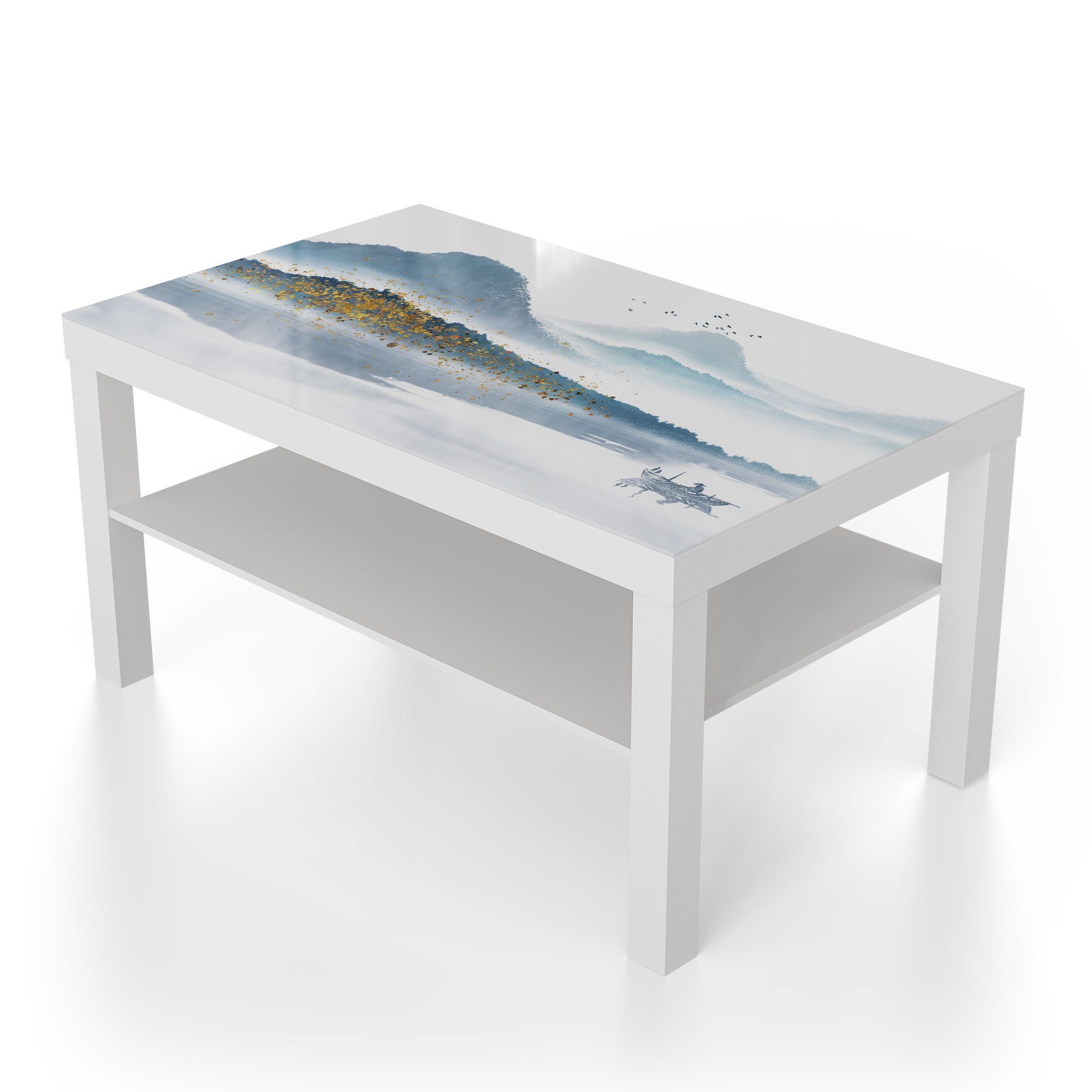 DEQORI Couchtisch 'Berge mit Farbakzenten', Weiß Beistelltisch modern Glas Glastisch