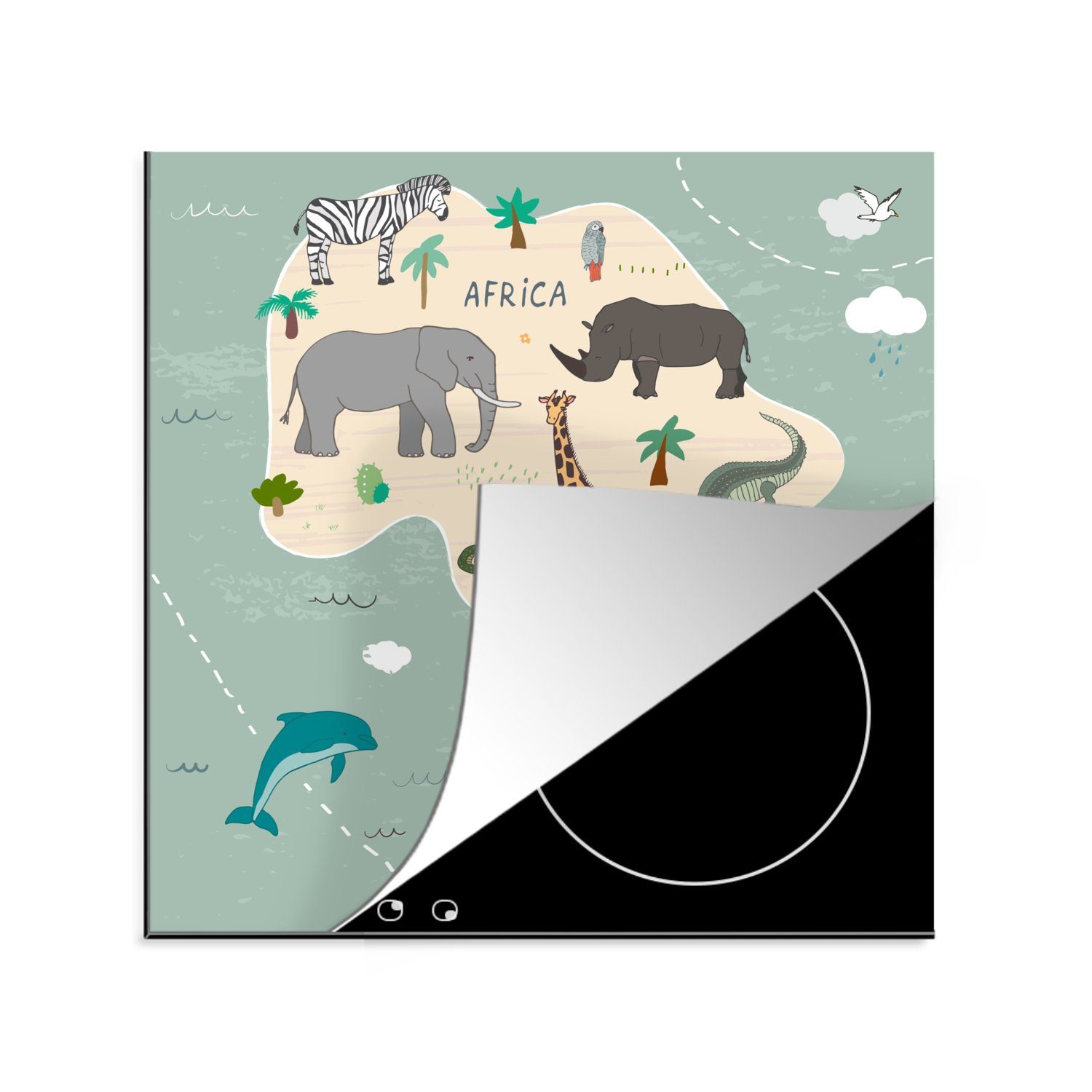 MuchoWow Herdblende-/Abdeckplatte Afrika - Weltkarte - Kinder - Tiere - Jungen - Blau - Kinder, Vinyl, (1 tlg), 78x78 cm, Ceranfeldabdeckung, Arbeitsplatte für küche