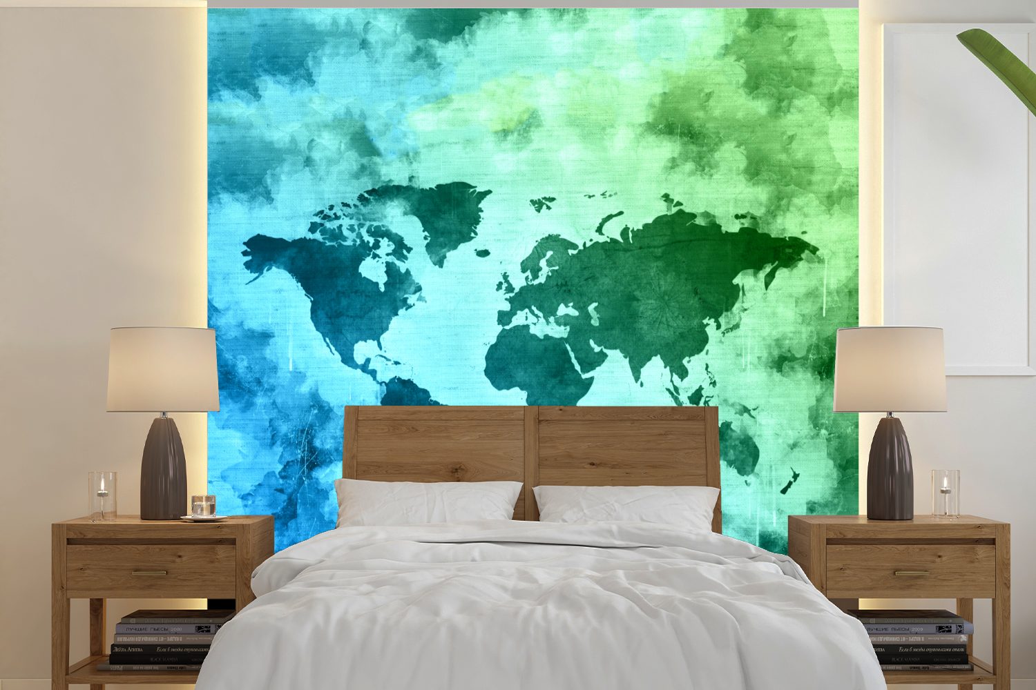 MuchoWow Fototapete Weltkarte - Smoke - Blau, Matt, bedruckt, (5 St), Vinyl Tapete für Wohnzimmer oder Schlafzimmer, Wandtapete