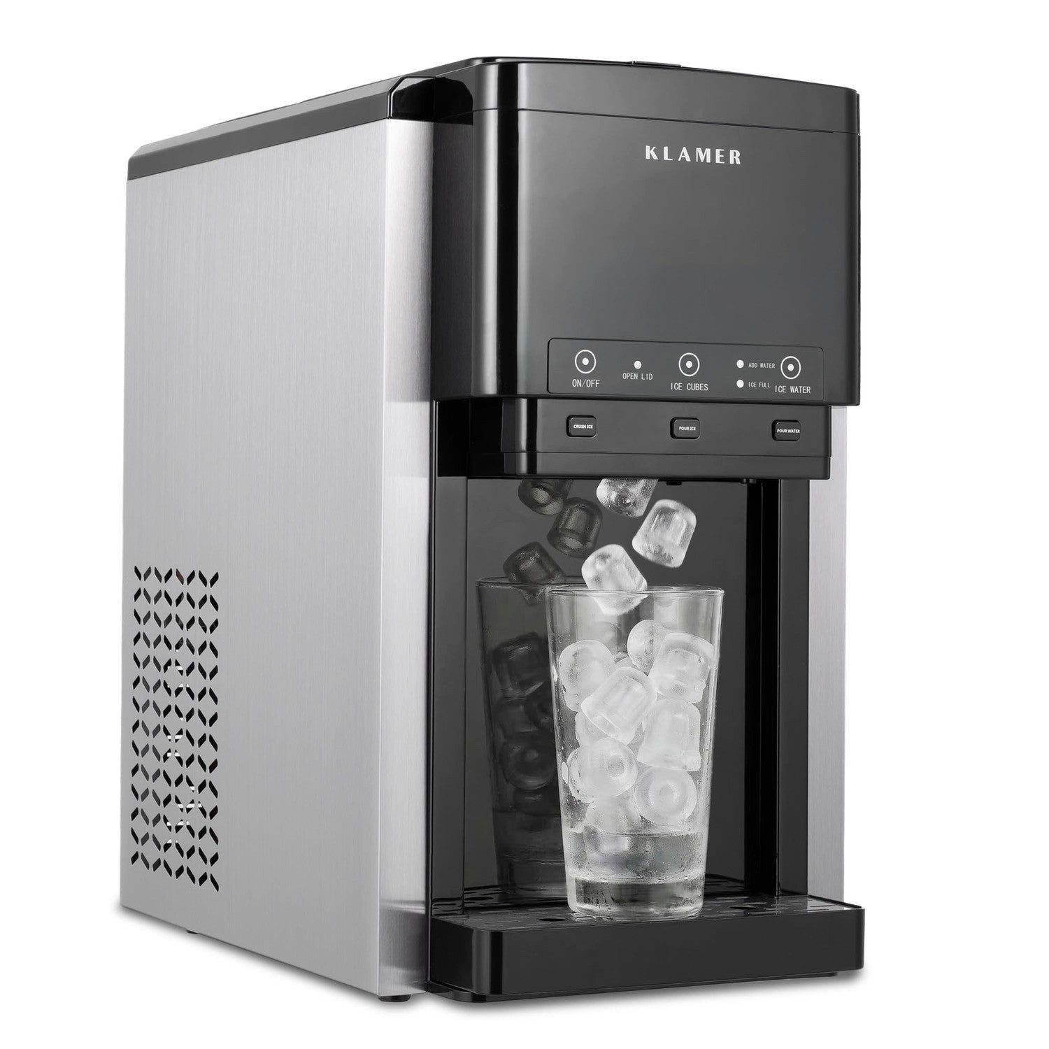 KLAMER Eiswürfelmaschine 3-in-1 mit Crushed Ice, Wasserspender und Selbstreinigung, 3 Funktionen in 1, Automatische Selbstreinigung, Smart-Anzeigen