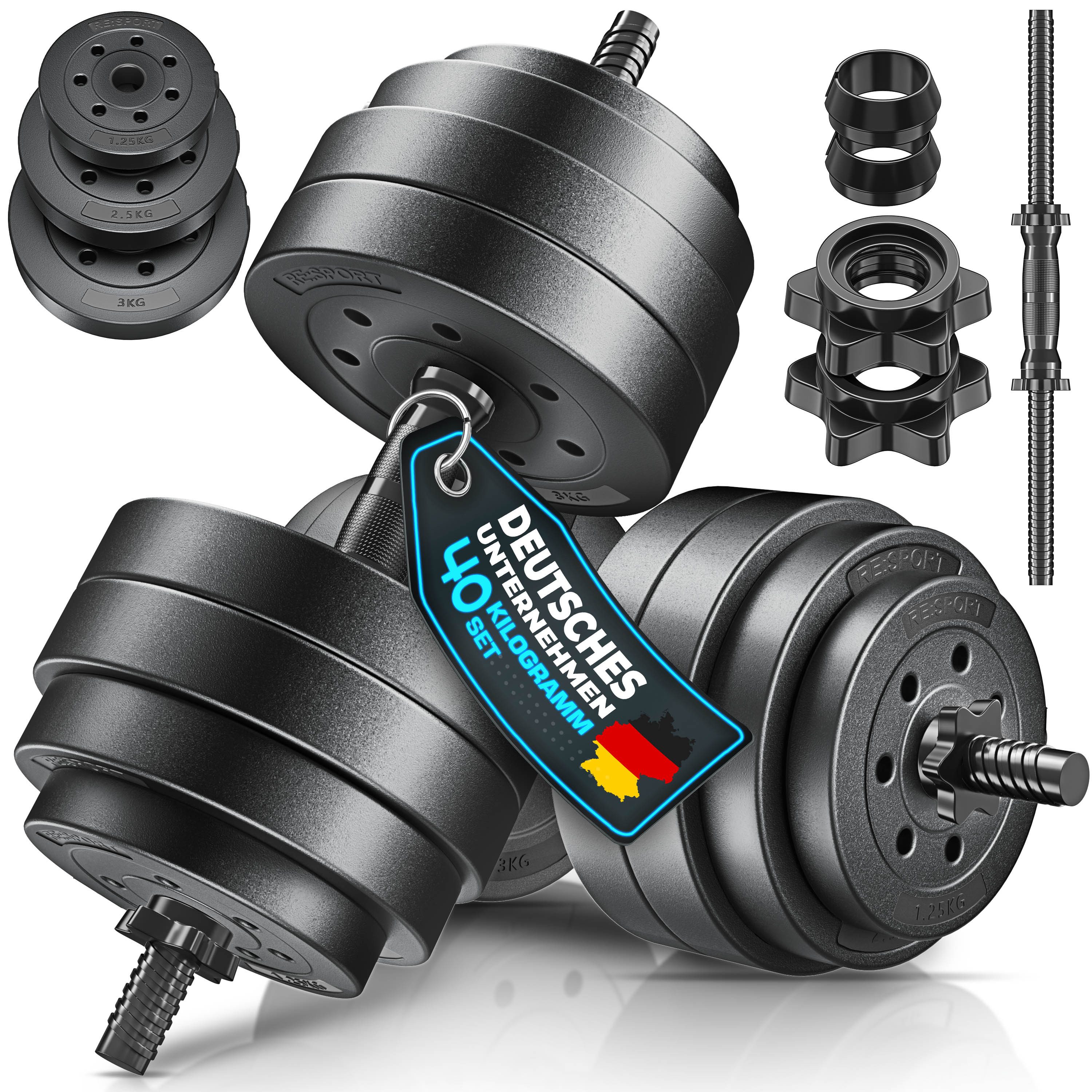 RE:SPORT Hantel RE:SPORT® Kurzhantel Set 15 - 40 kg Hantelset Hantel Krafttraining, (für Muskelaufbau, Workout & Zuhause, mit Gewichten & 4 Sternverschlüsse Fitness Kurzhantel), Hanteln Set verstellbar mit 2 Kurzhanteln Hantel