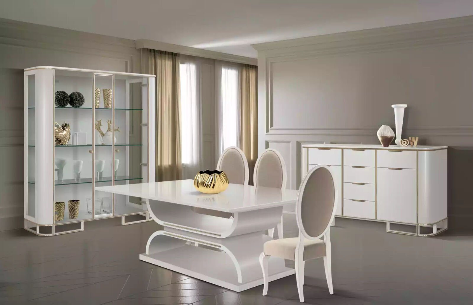 4x Italy JVmoebel Komplettes Set Esszimmer Stühle Esszimmer-Set (4-St), 7tlg, Vitrine Tisch Set Made in Neu Garnitur