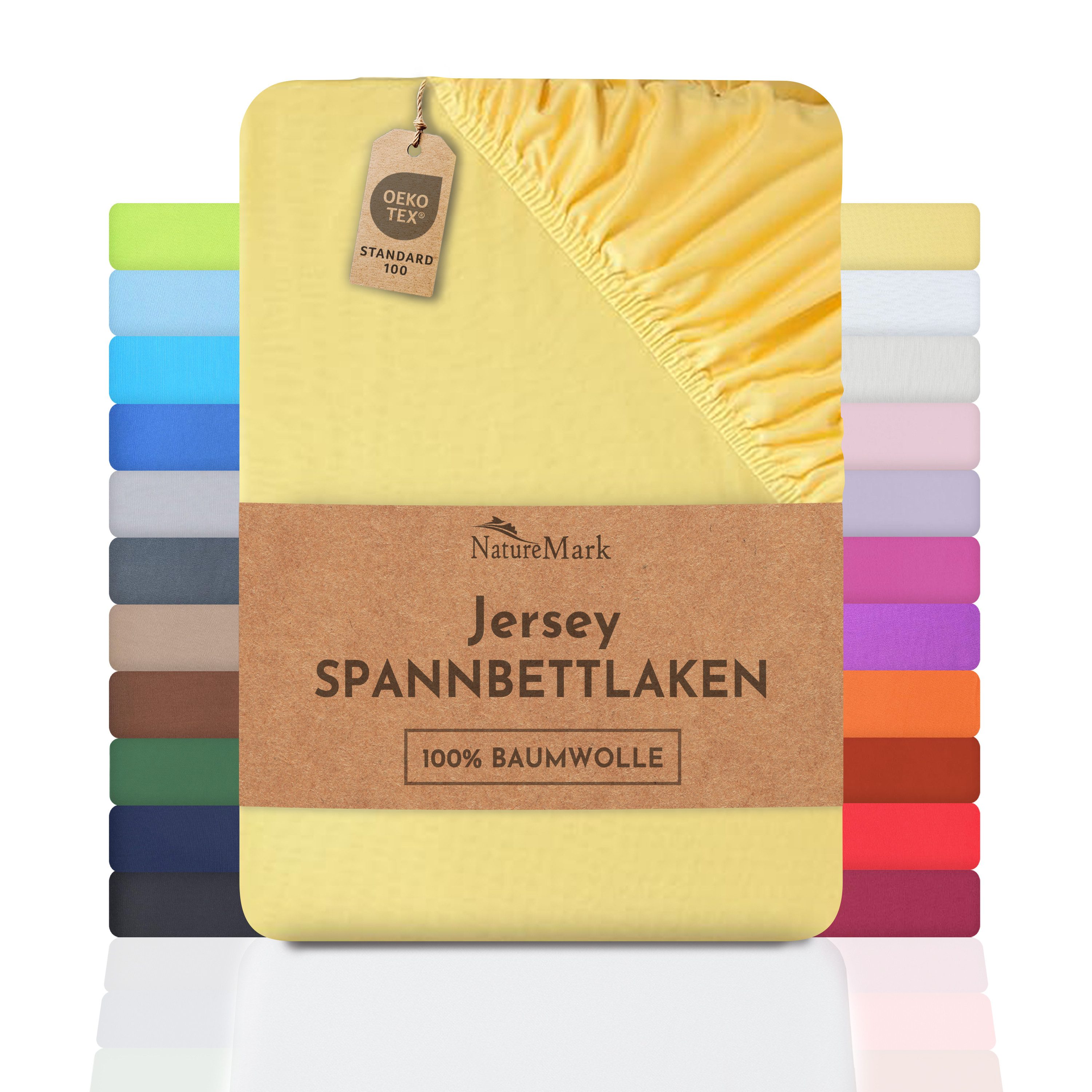 NatureMark Spannbettlaken Jersey Basic Spannbetttuch, 100% Baumwolle, Gummizug: rundum, (1 Stück), in vielen Größen und Farben, bis 25cm Steghöhe, 90x200cm, Gelb