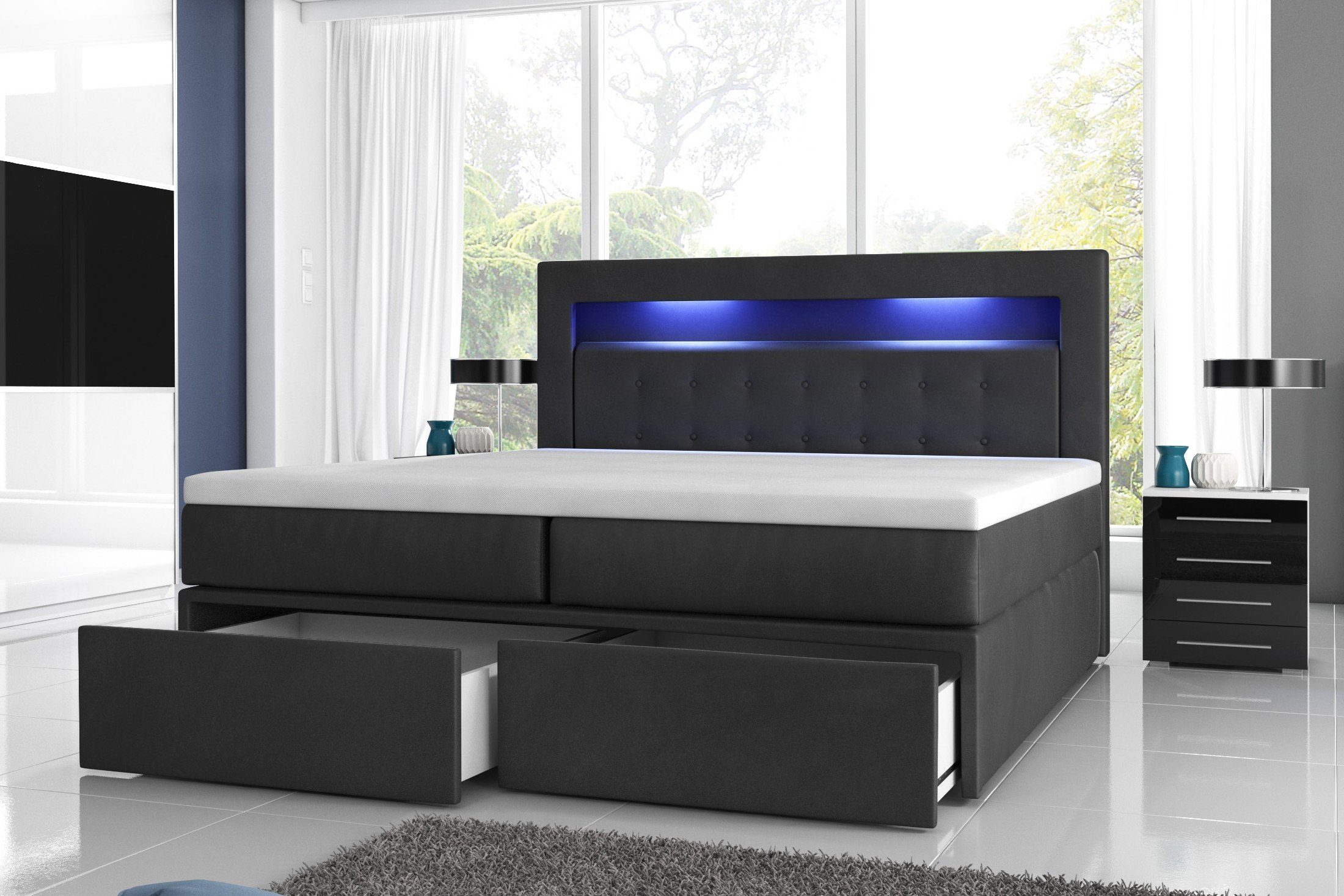 Möbel für Dich Boxspringbett Milano2 mit zwei Schubladen vorne, LED-Licht im Kopfteil, Bezug aus Kunstleder