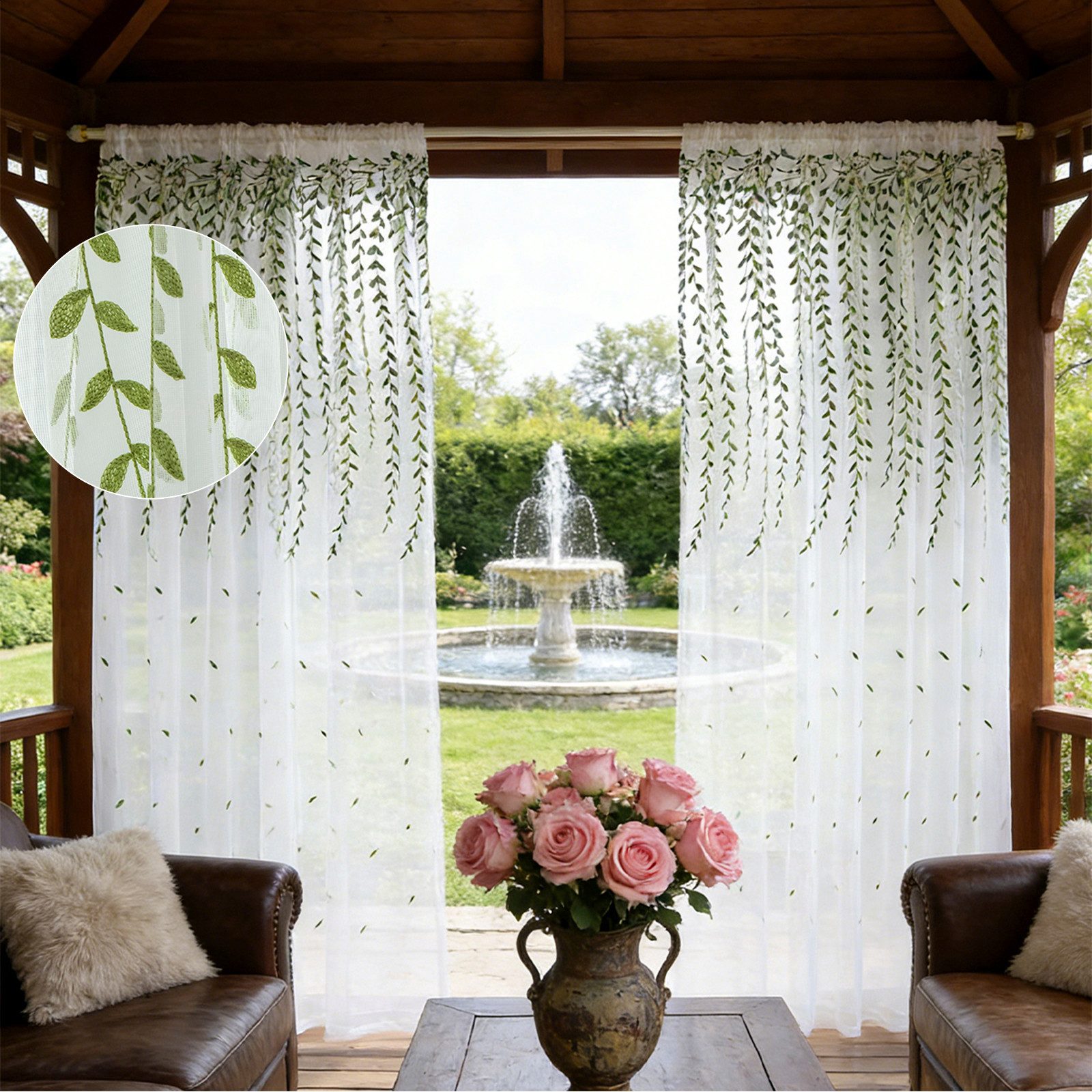 Sunicol Vorhang 2er Set Rankenblatt Bestickt Transparente Gardine Voile für Wohnzimmer, Outdoor Vorhang für Pavillon Terrasse Balkon