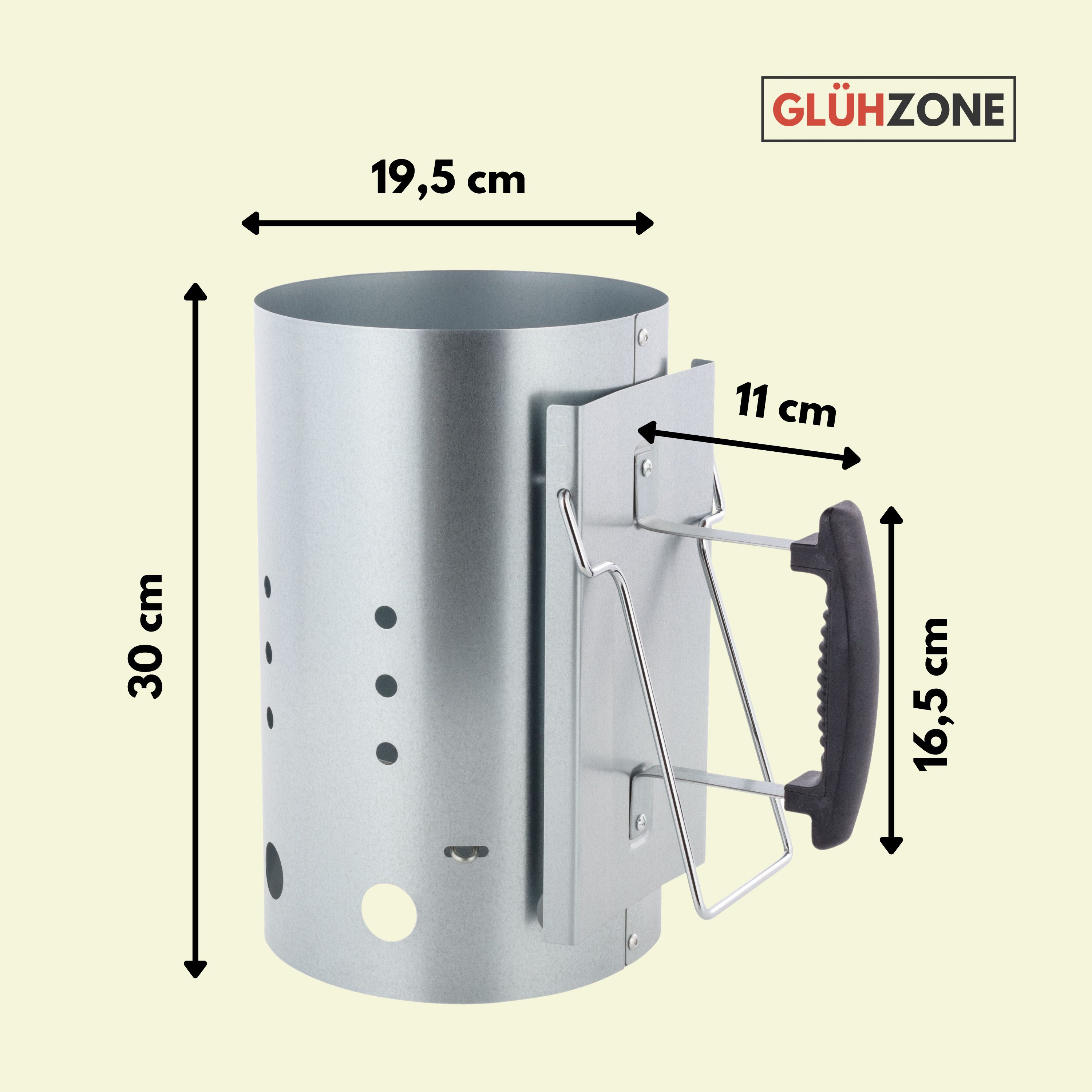 GLÜHZONE Anzündkamin KS 200, Kohlestarter verzinkt mit Kunststoffgriff und Hitzeschild