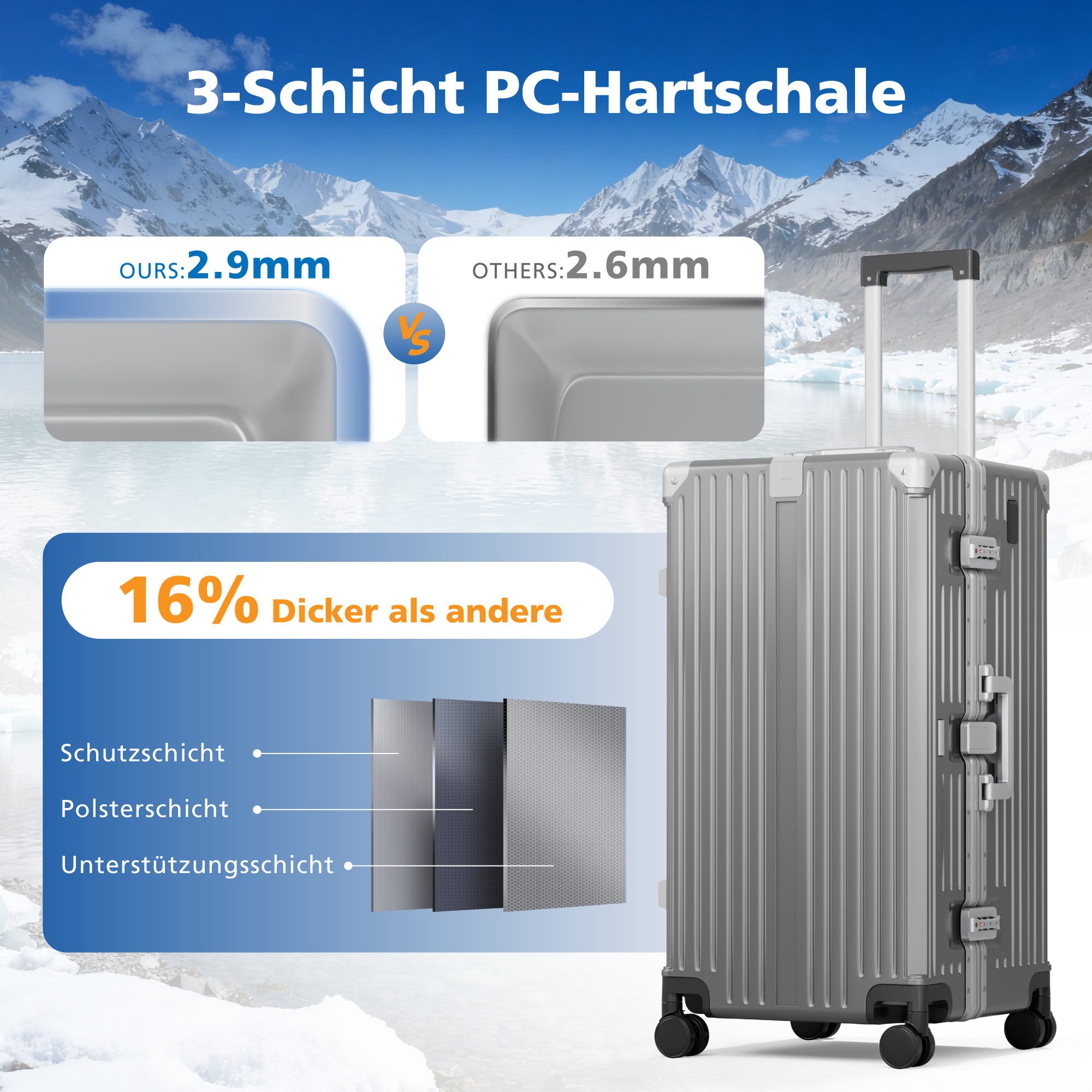 ALPHA CAMP Koffer 360° Rollen Rollkoffer für die Reise, Aluminiumrahmen & Hartschale aus Polycarbonat mit TSA-Schloss