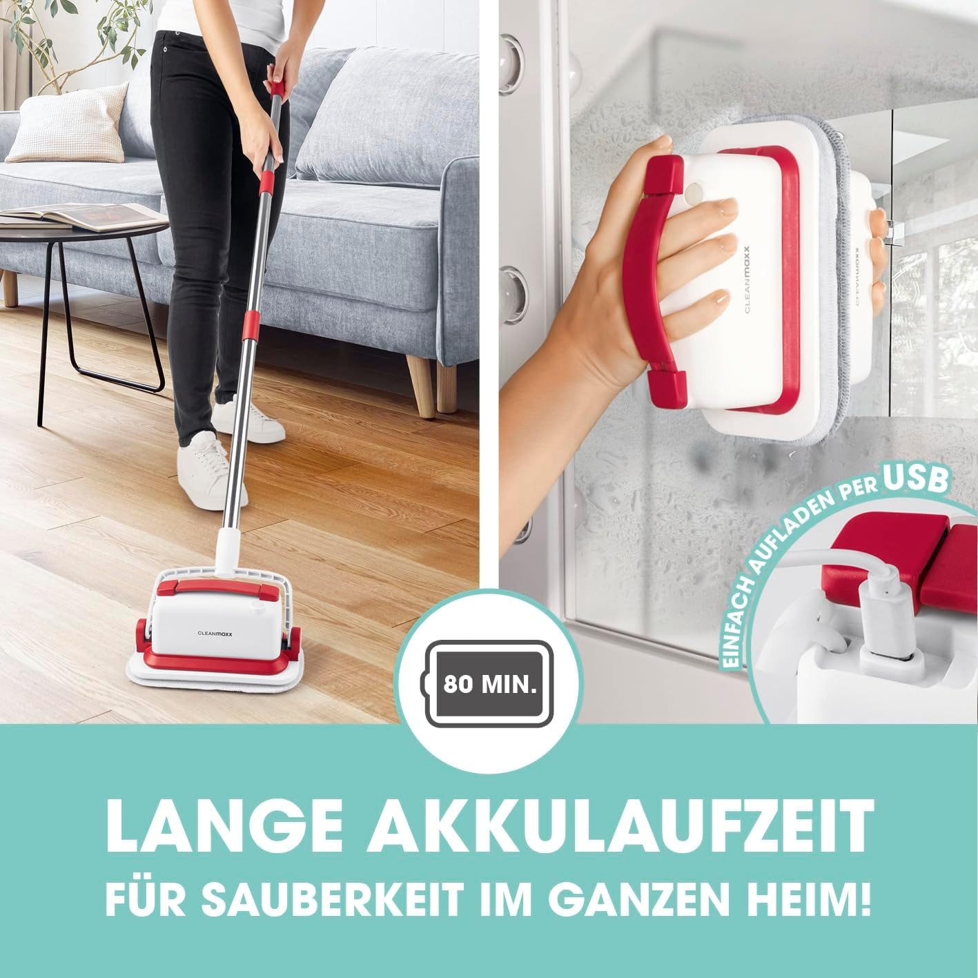 CLEANmaxx Akku-Wischmopp mit Vibration, Hartböden, Fliesen & Oberflächen, Kabelloses Reinigen