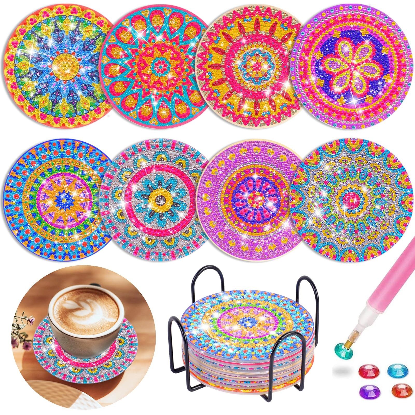 FOUORTUNATE-BEE Kreativset Diamantmalerei Untersetzer Set 8tlg DIY Bastelset mit Halter, Bastelset Untersetzer für Kinder Erwachsene Geschenk DIY Deko