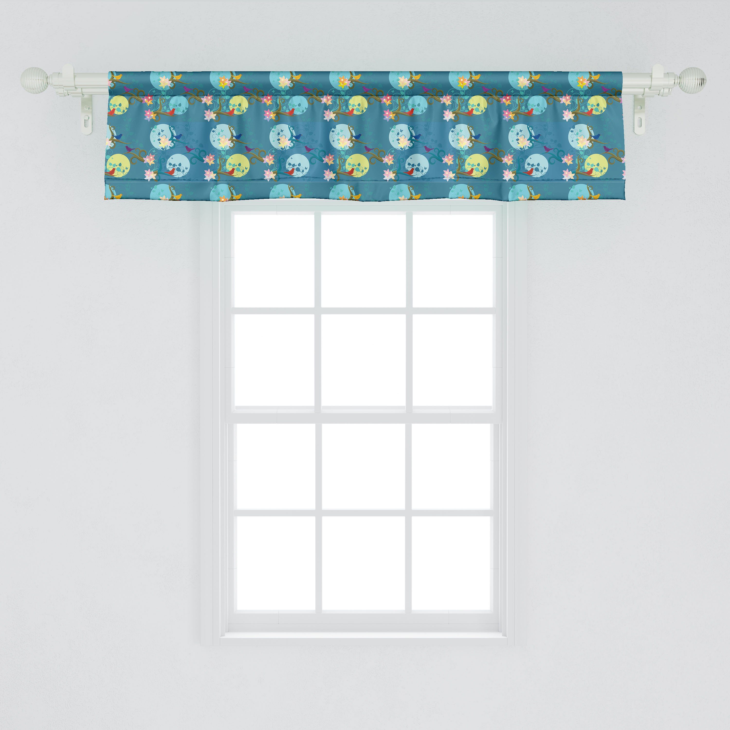 Scheibengardine Vorhang Volant für Küche der Moonflower Schlafzimmer Stangentasche, Abakuhaus, Nacht mit Bunte Dekor Vögel Microfaser, in